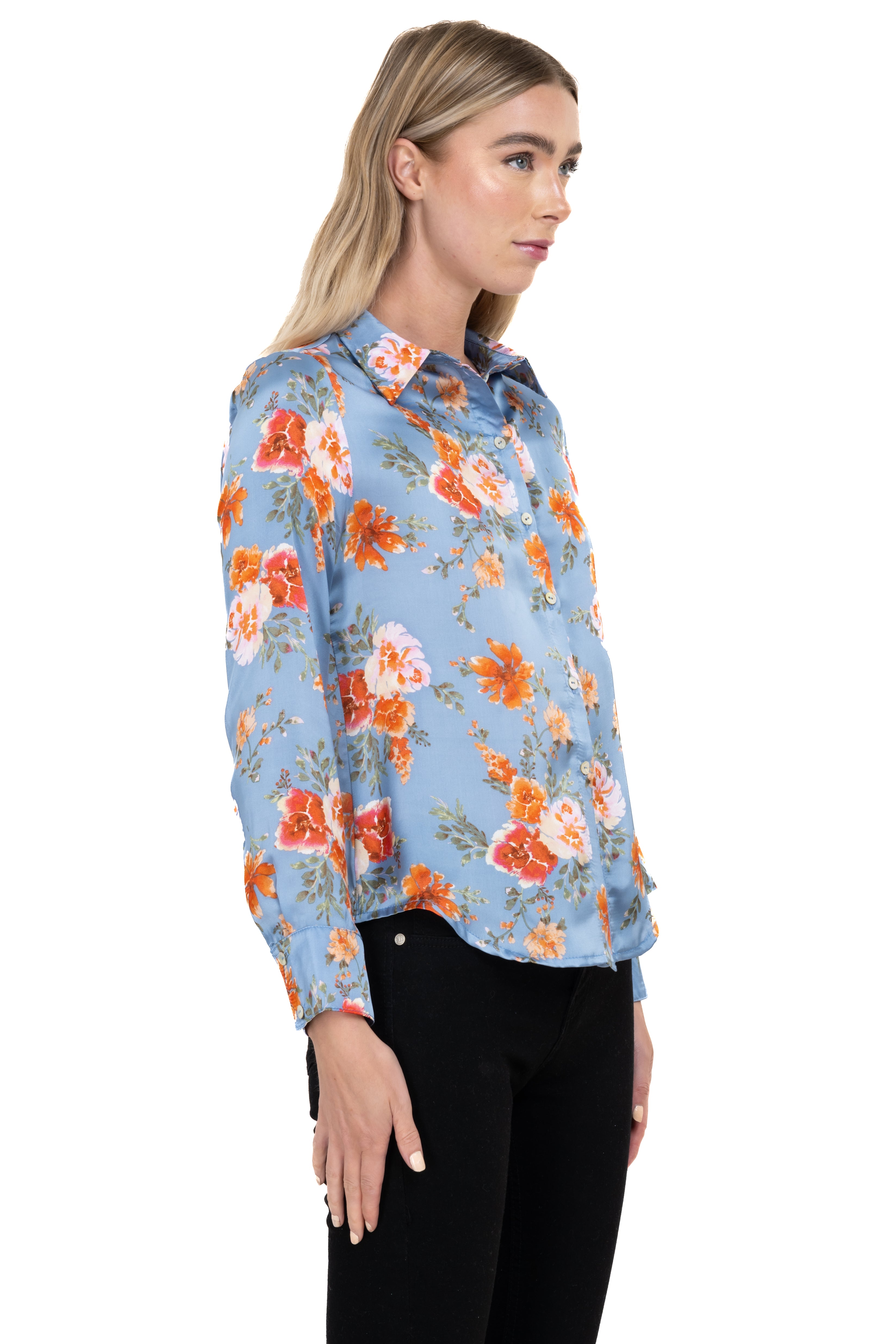 Camisa satín flores lisa AZUL COMBO