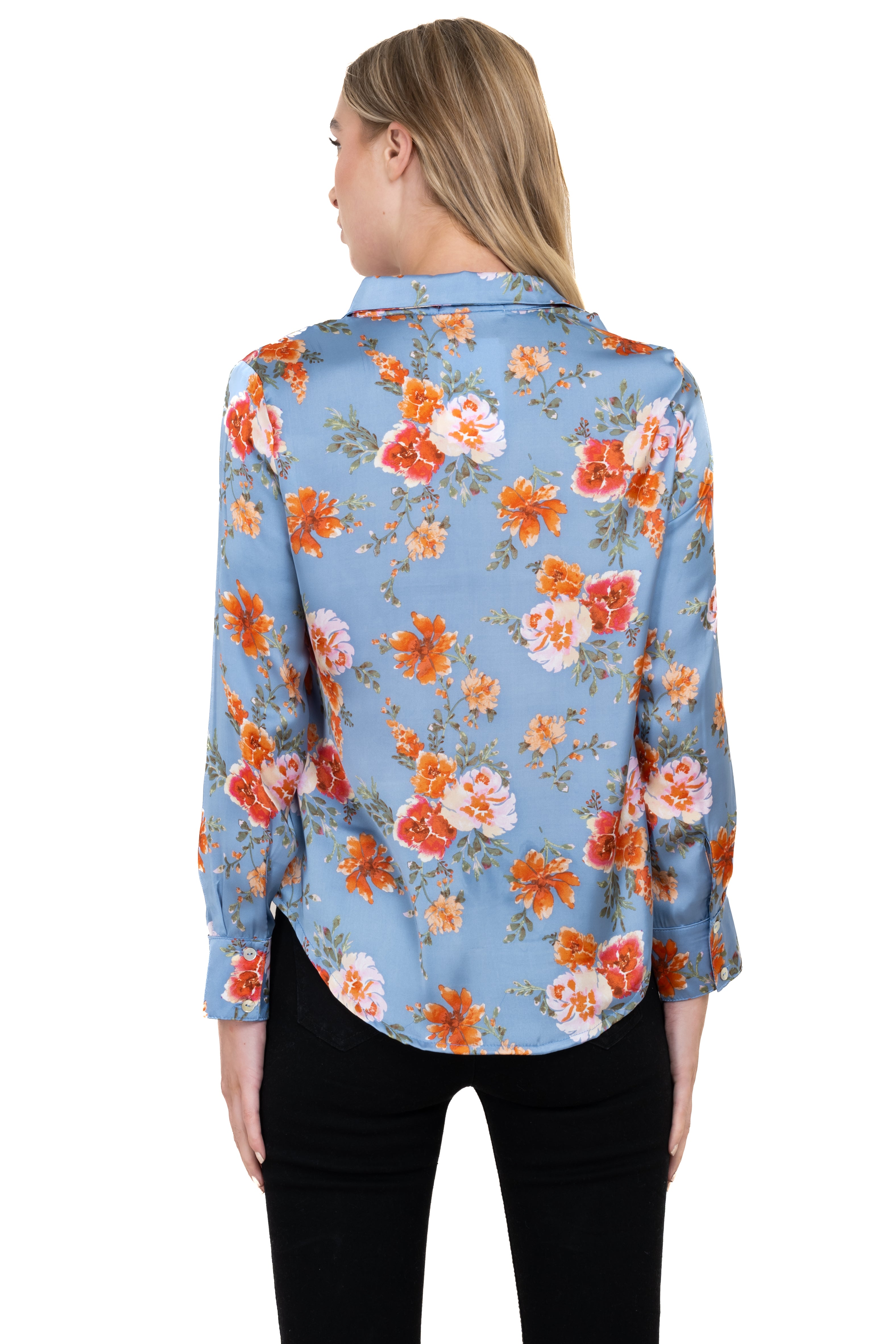 Camisa satín flores lisa AZUL COMBO