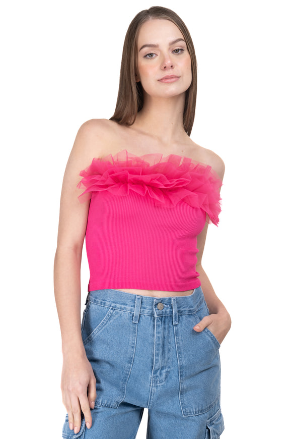 Top strapless acanalado tul plisado