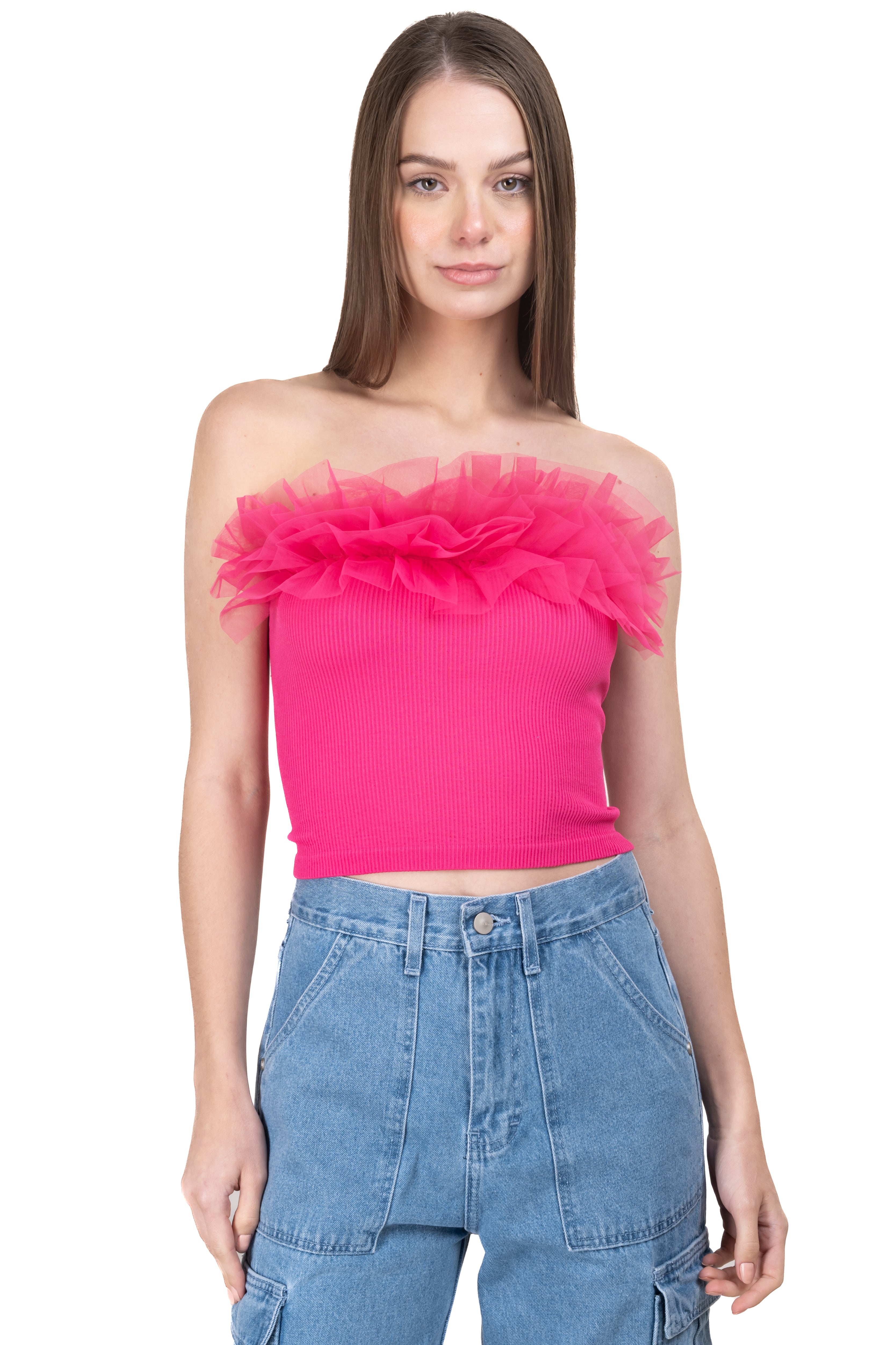 Top strapless acanalado tul plisado FIUSHA