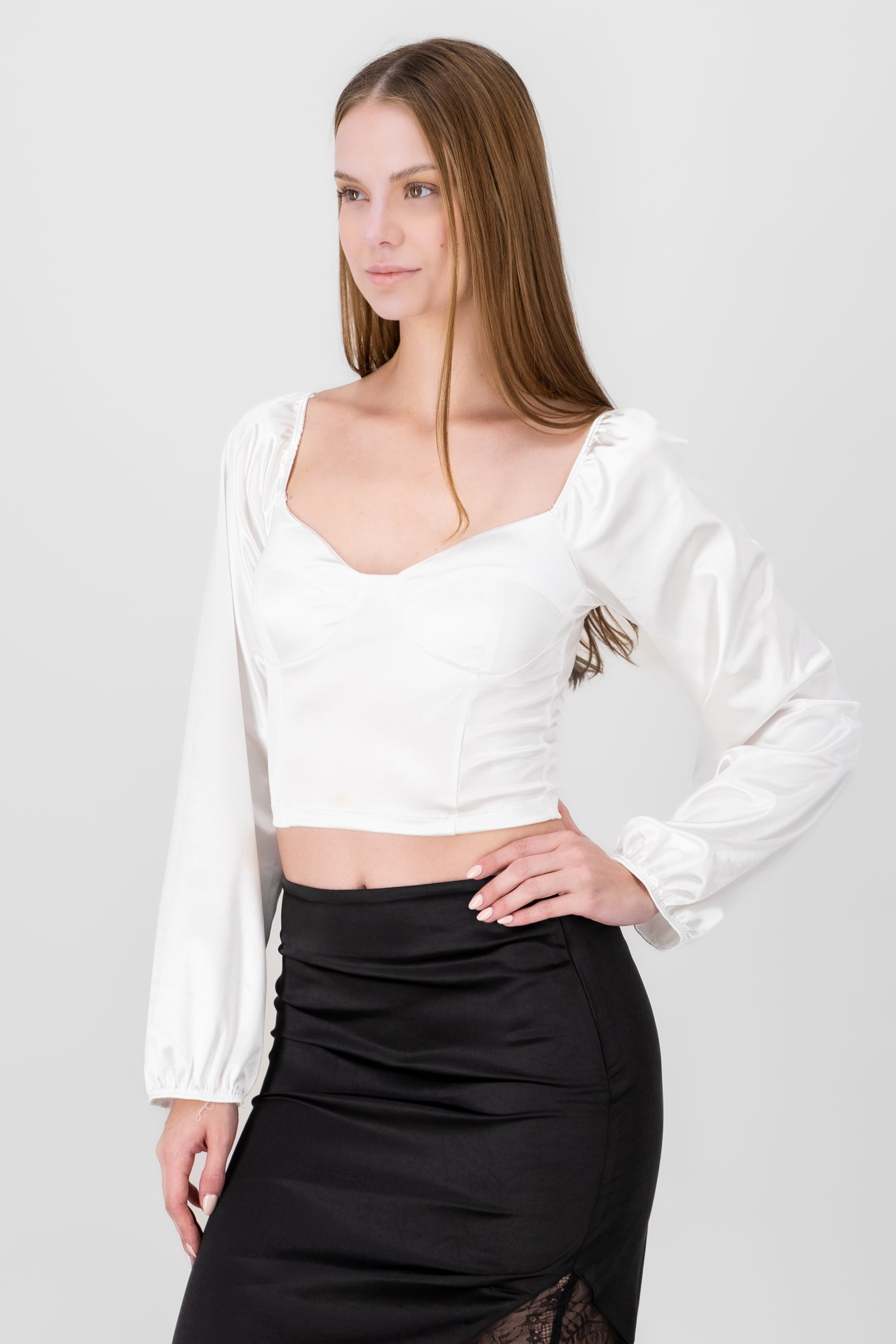 Blusa satín manga larga BLANCO