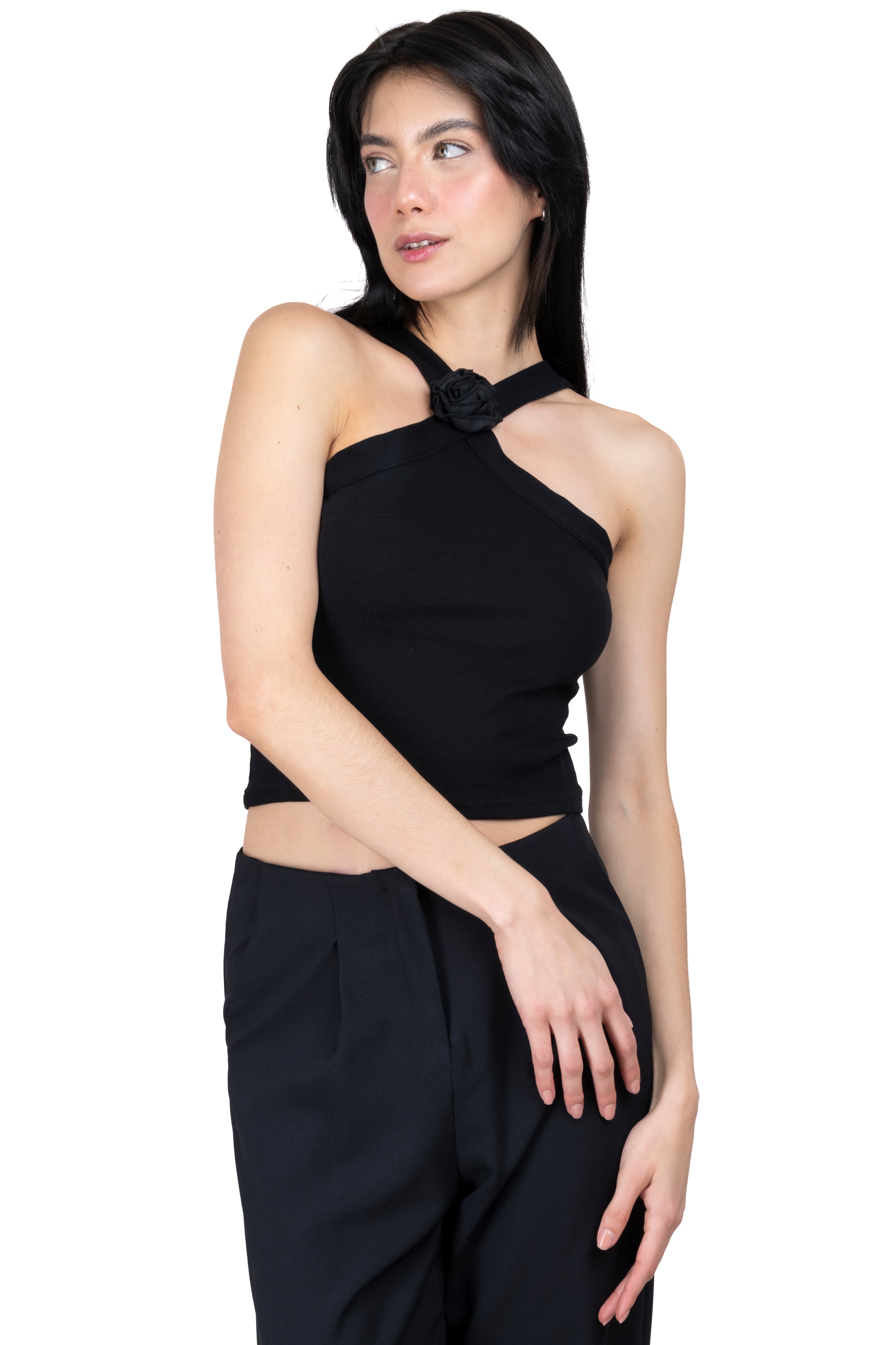 Top halter tirantes detalle flor NEGRO