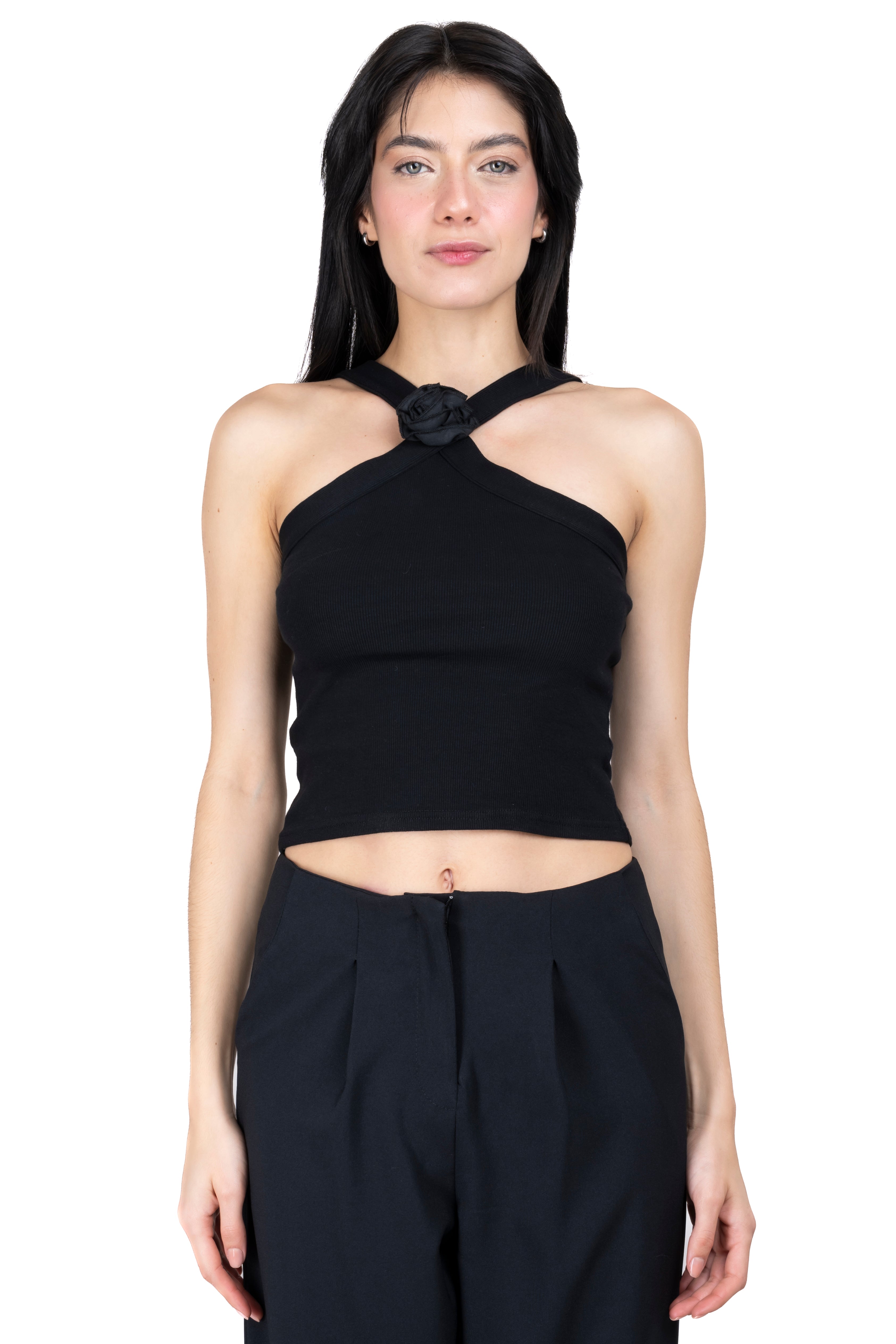 Top halter tirantes detalle flor NEGRO