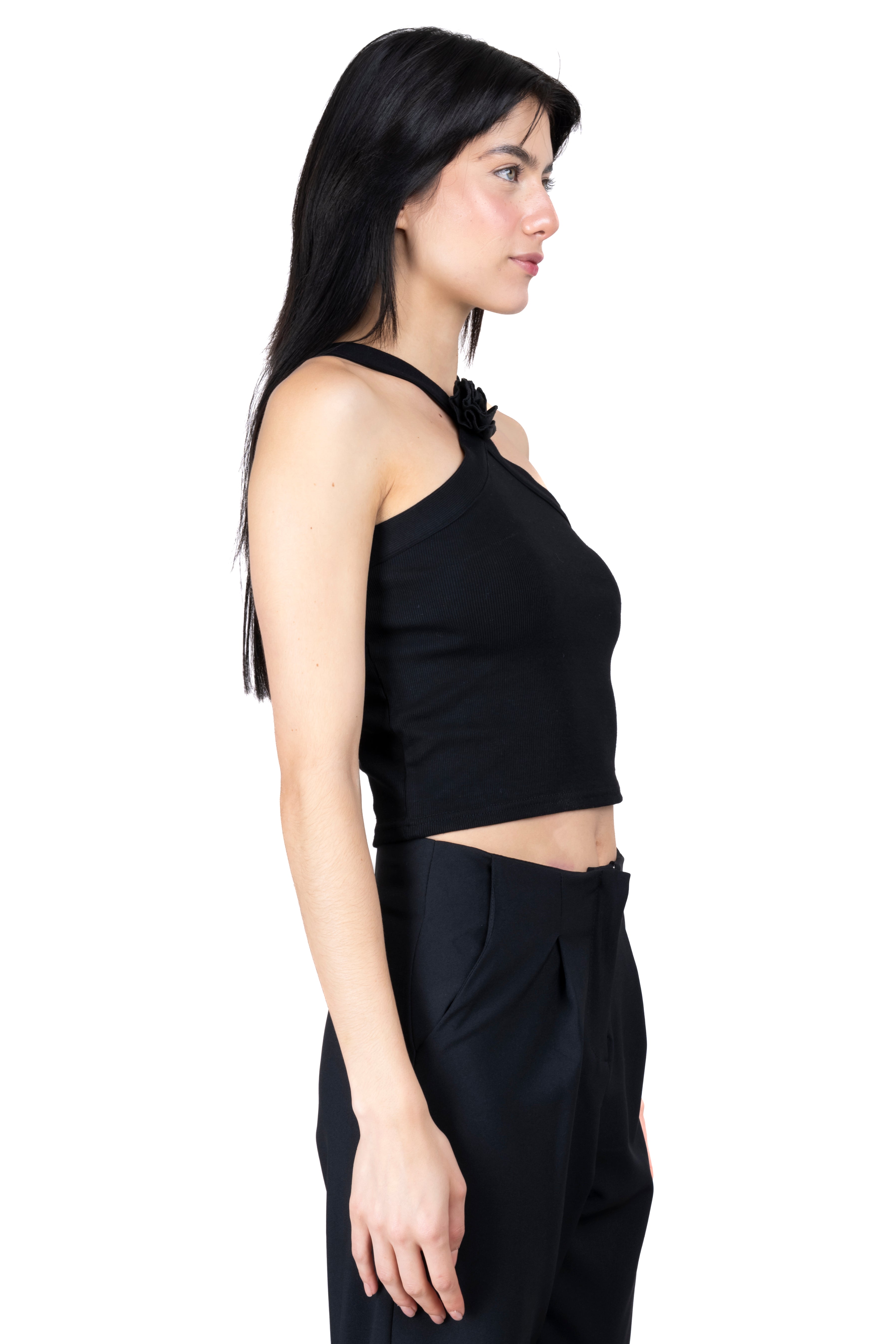 Top halter tirantes detalle flor NEGRO