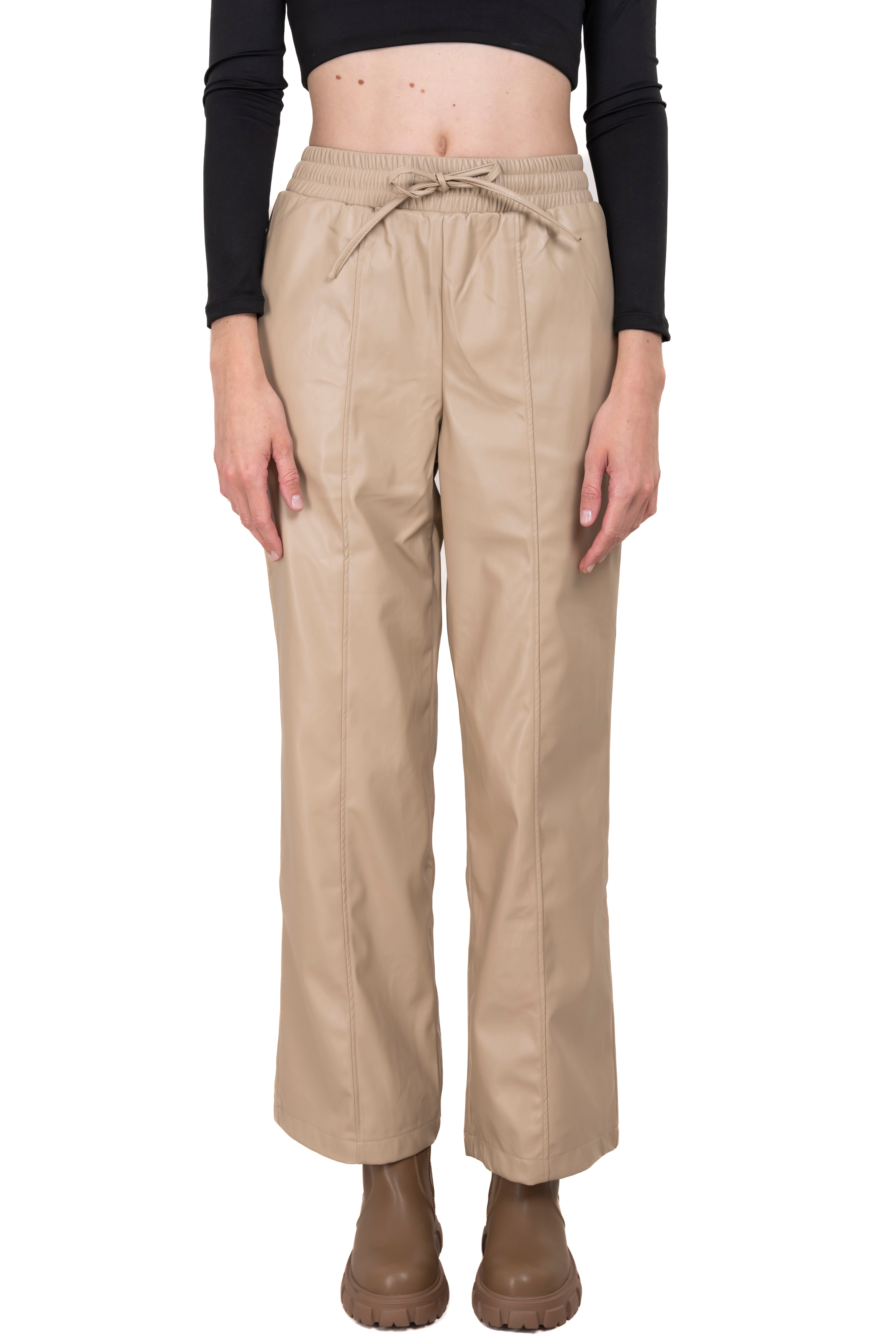 Pantalón efecto piel cintura elástica BEIGE