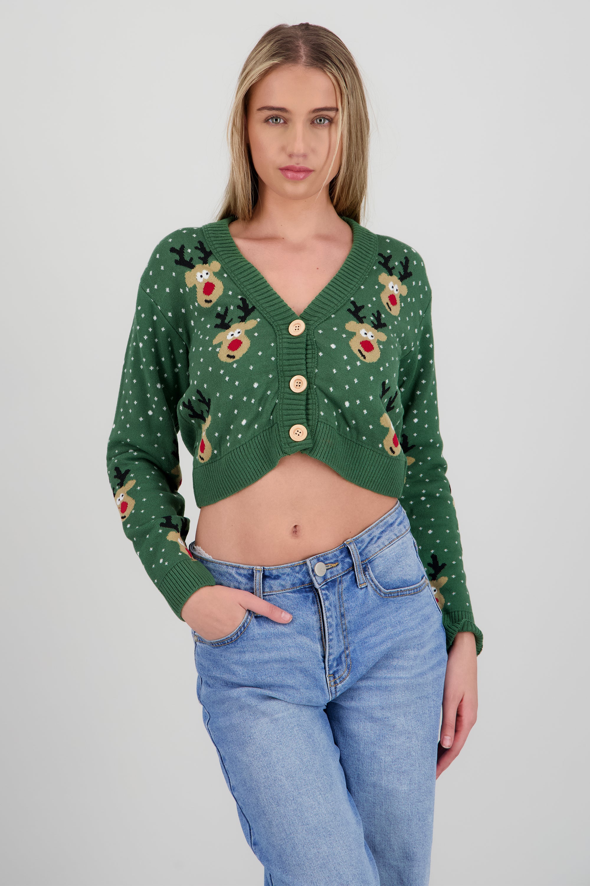 Cardigan renos detalle botones OLIVO COMBO