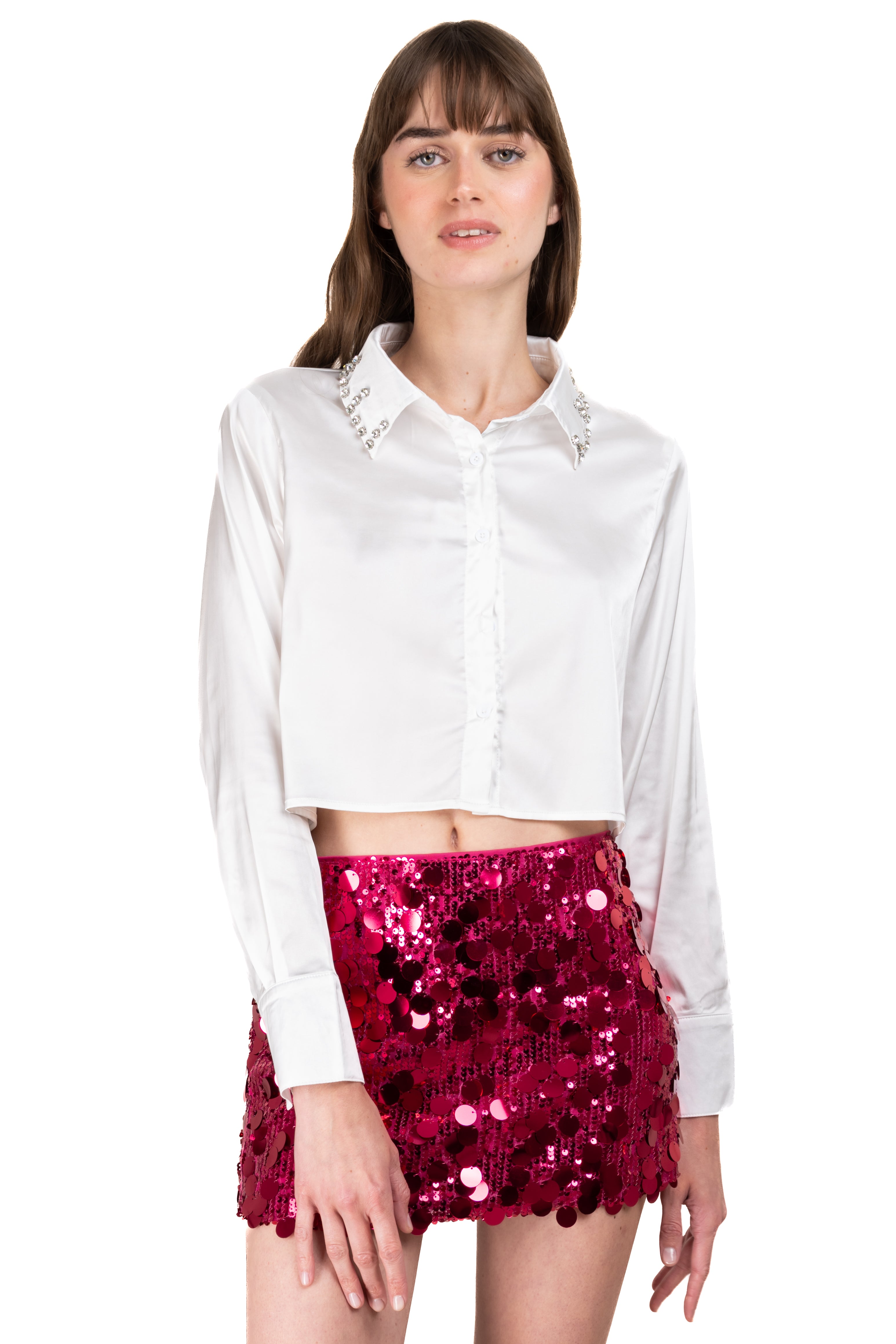 Camisa crop satinada brillos BLANCO