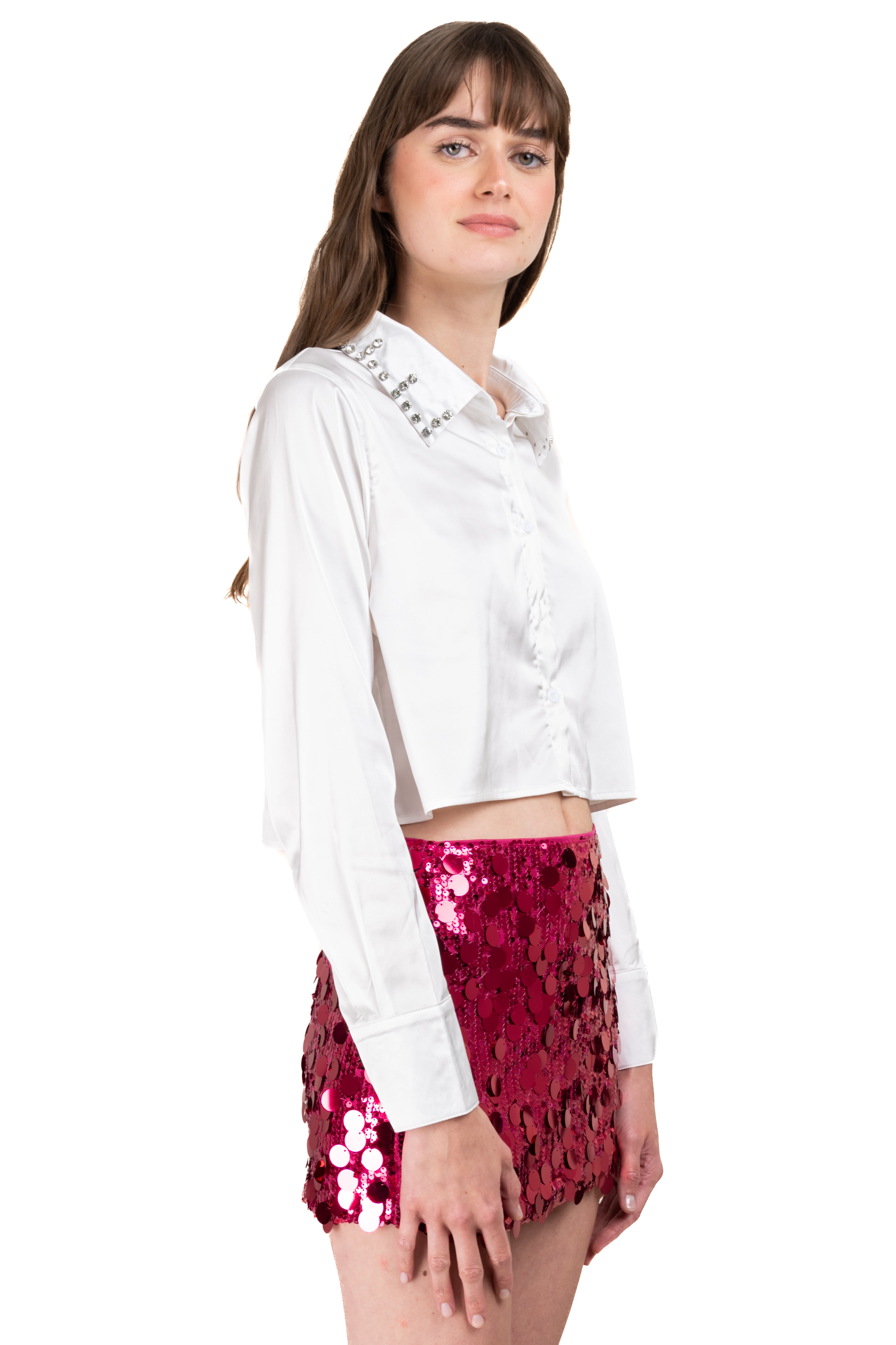 Camisa crop satinada brillos BLANCO