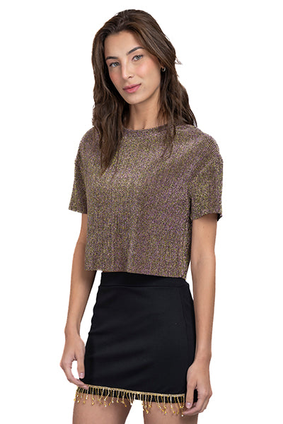 Top Crop Manga Corta Brillos COBRE