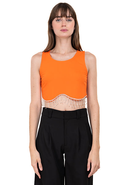 Top Crop Sin Manga Detalle Brillos NARANJA