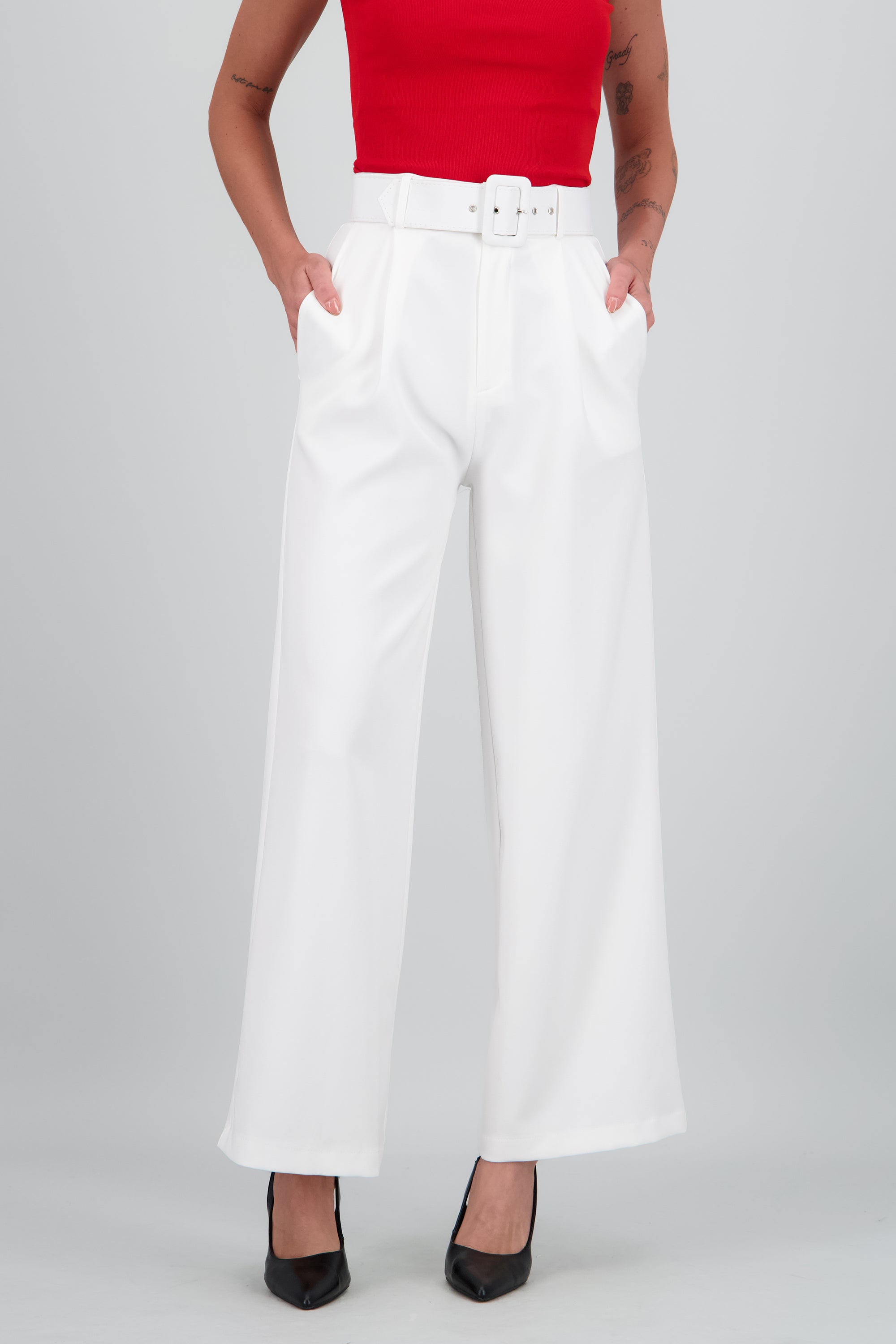 Pantalon Liso Cinturon BLANCO