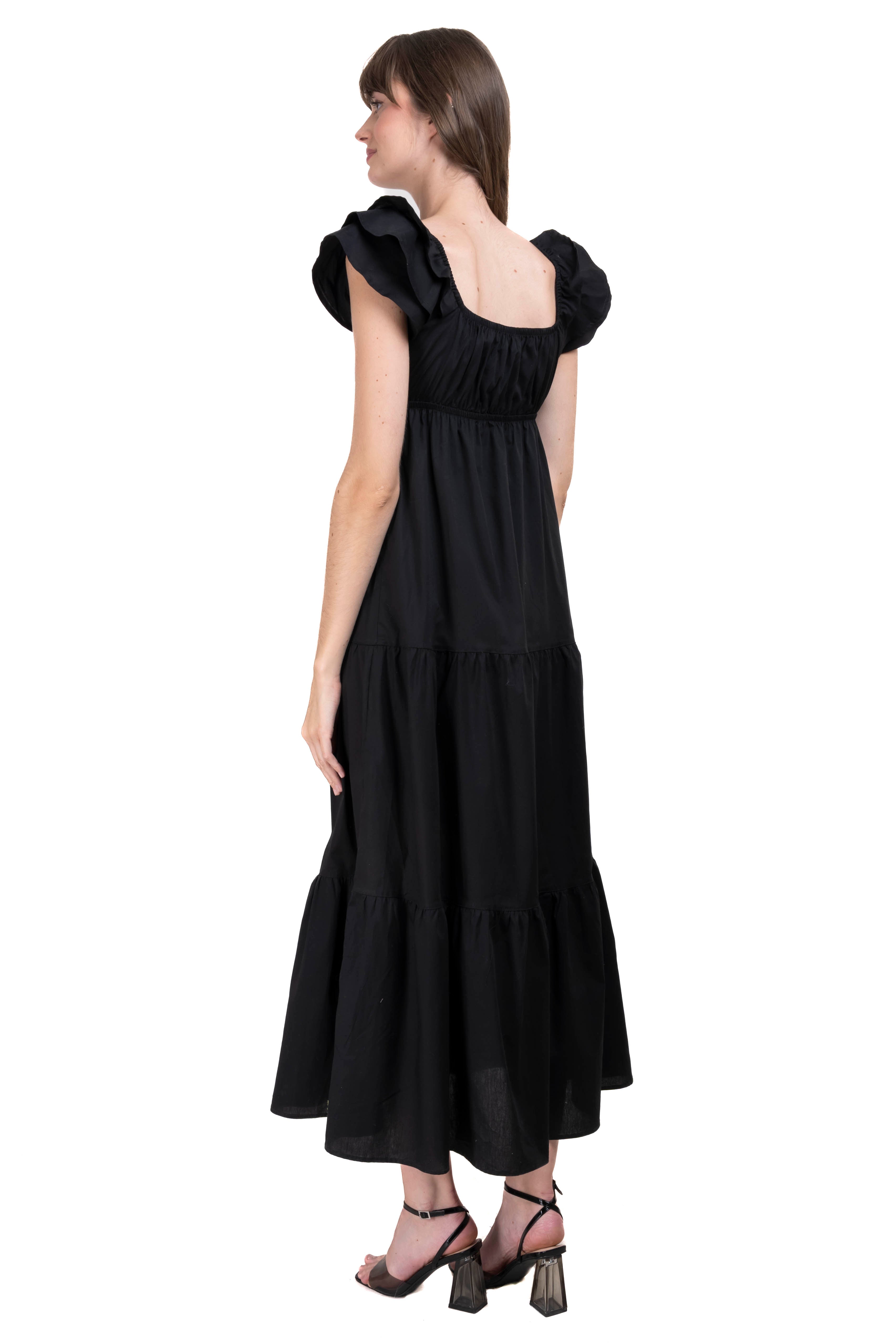 Vestido maxi mangas olanes NEGRO