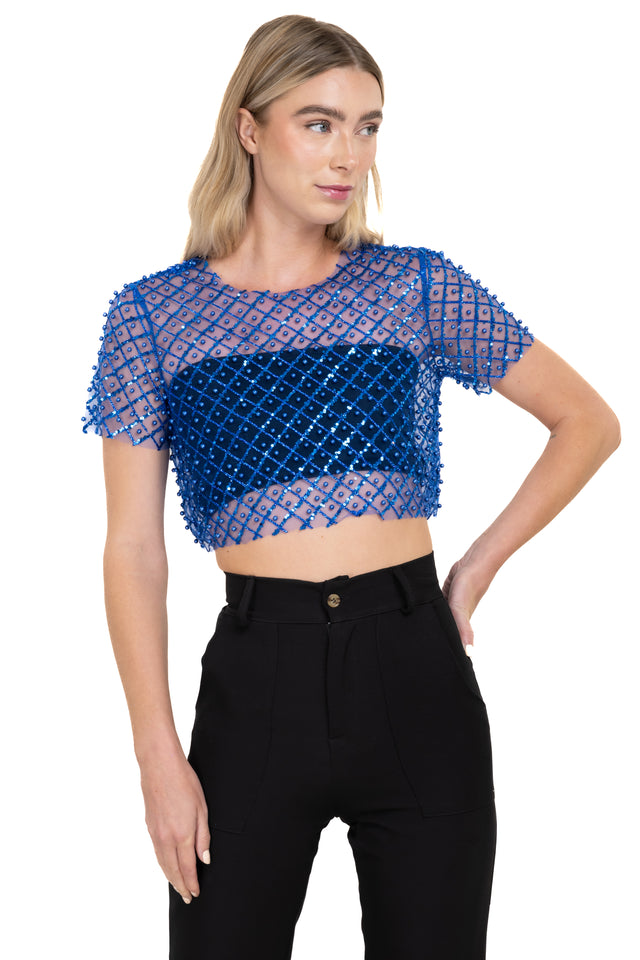 Top mesh lentejuelas perlas