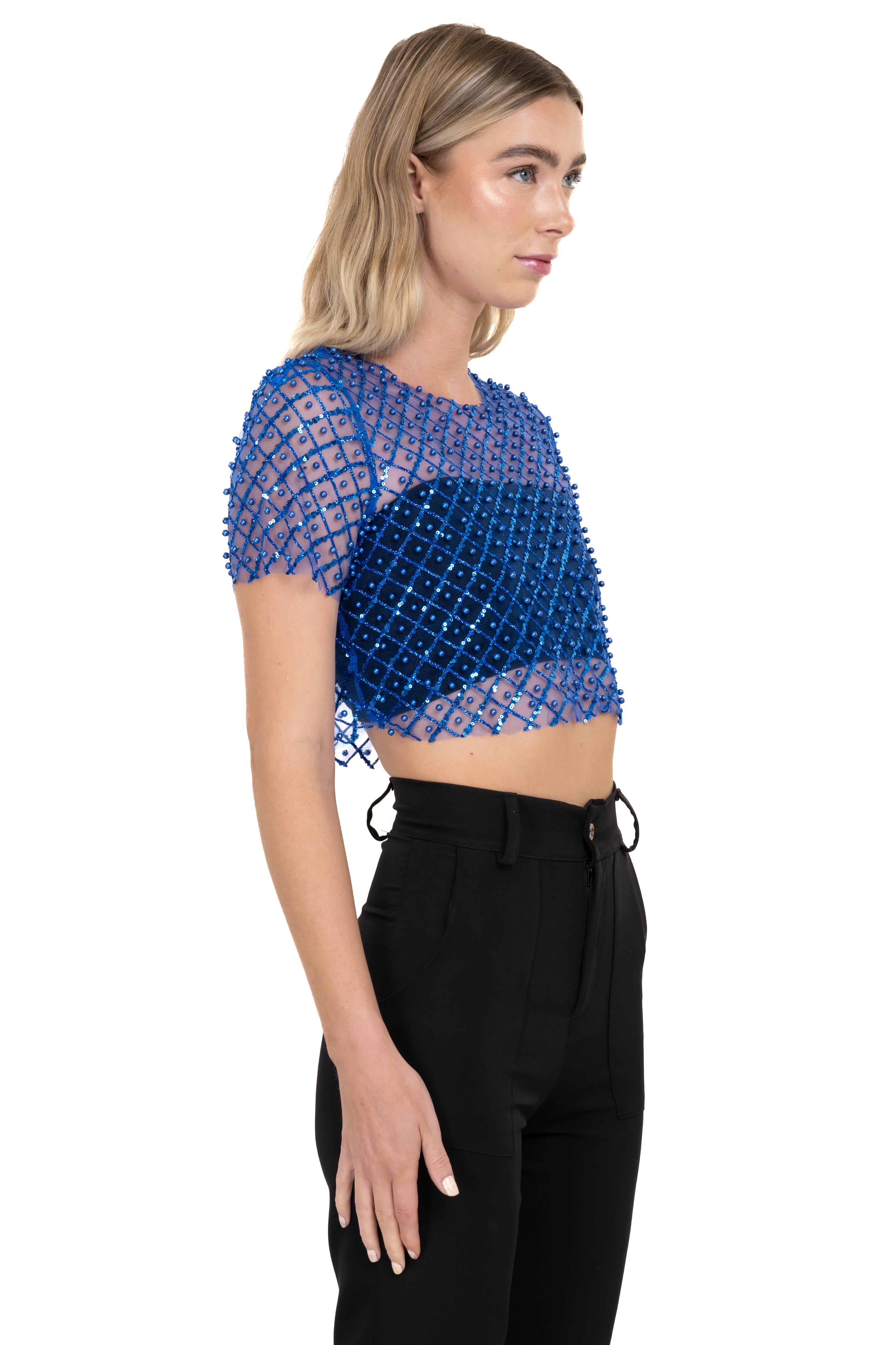 Top mesh lentejuelas perlas AZUL REY