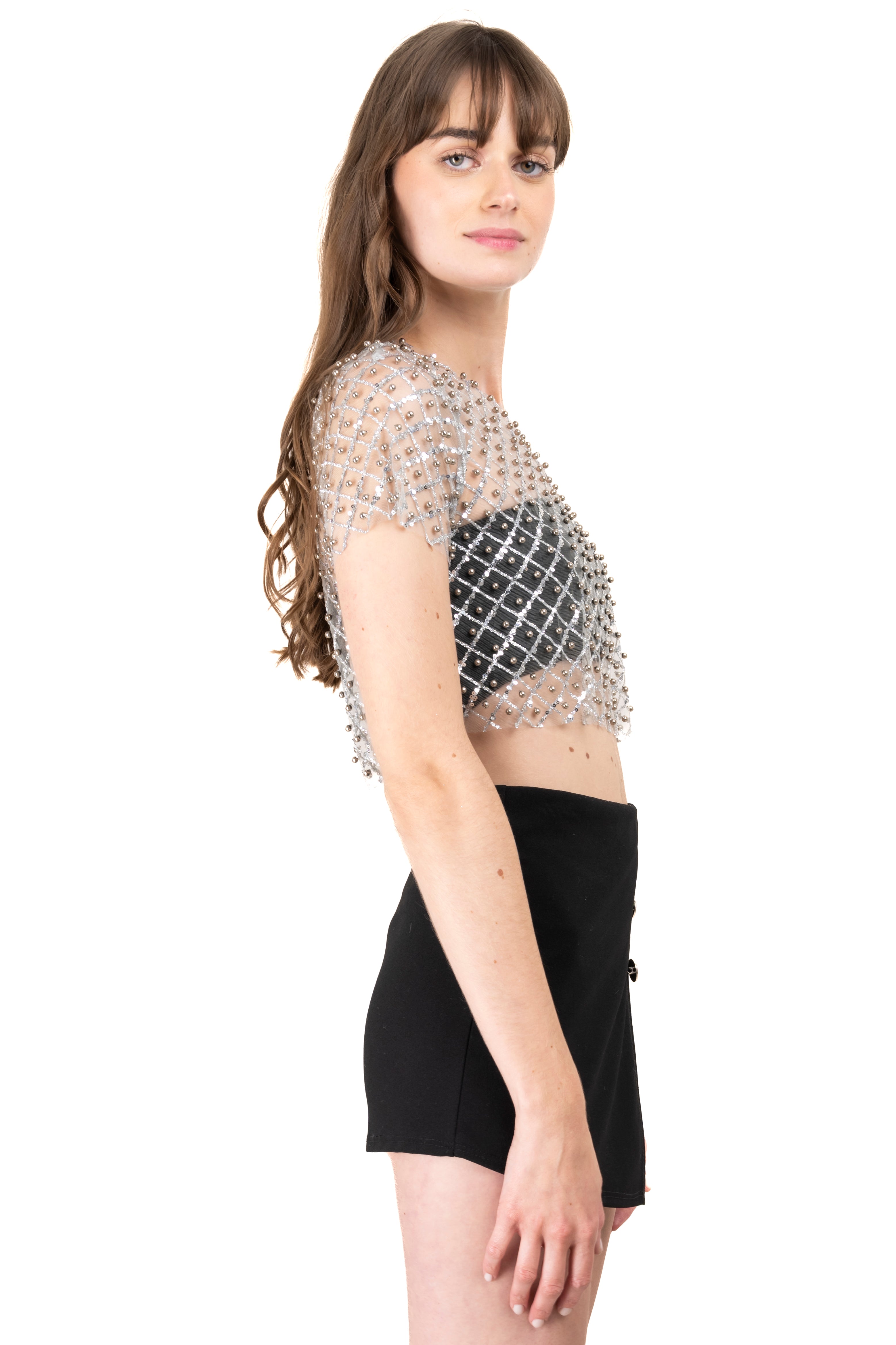 Top mesh lentejuelas perlas PLATA