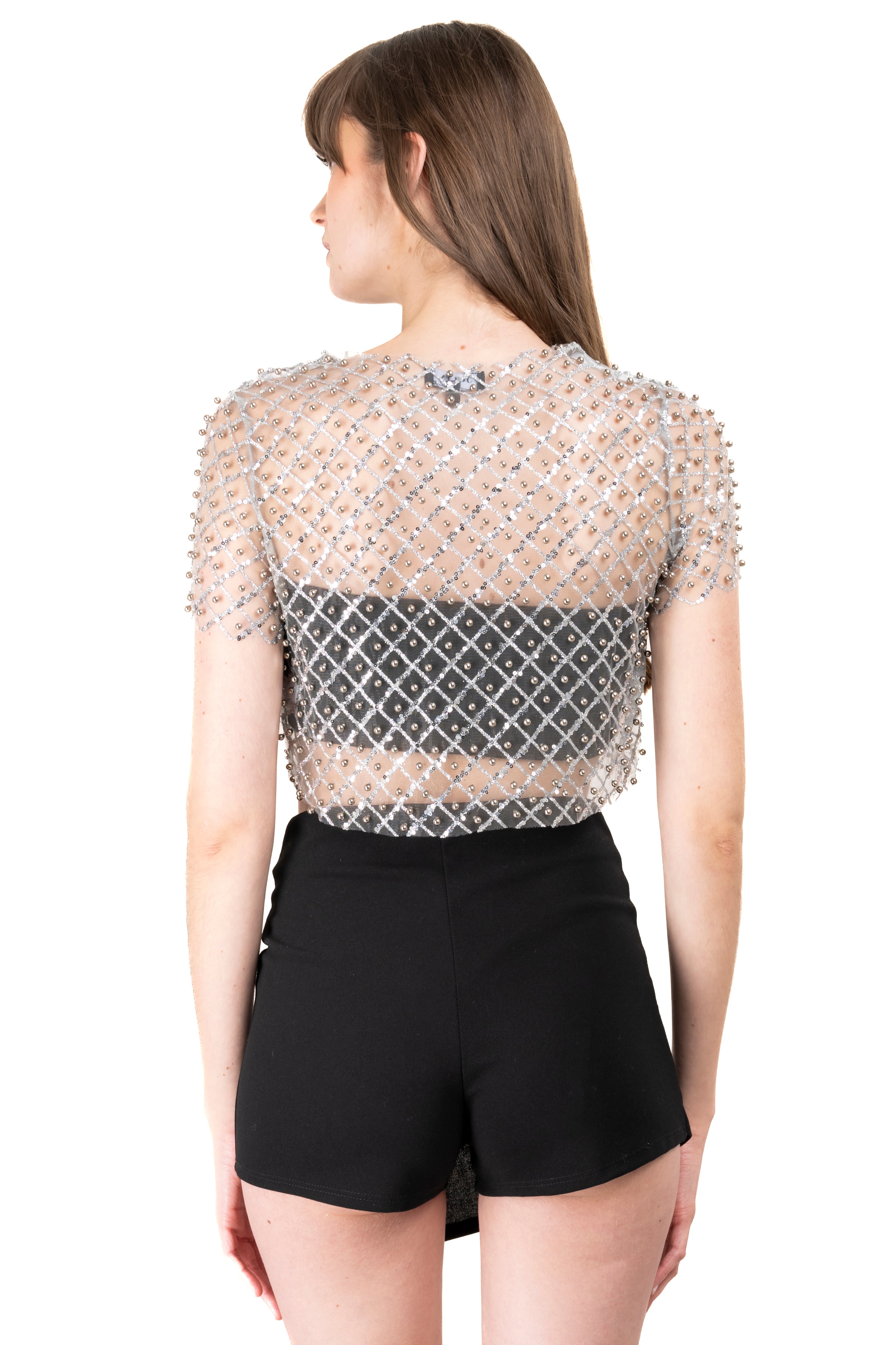 Top mesh lentejuelas perlas PLATA