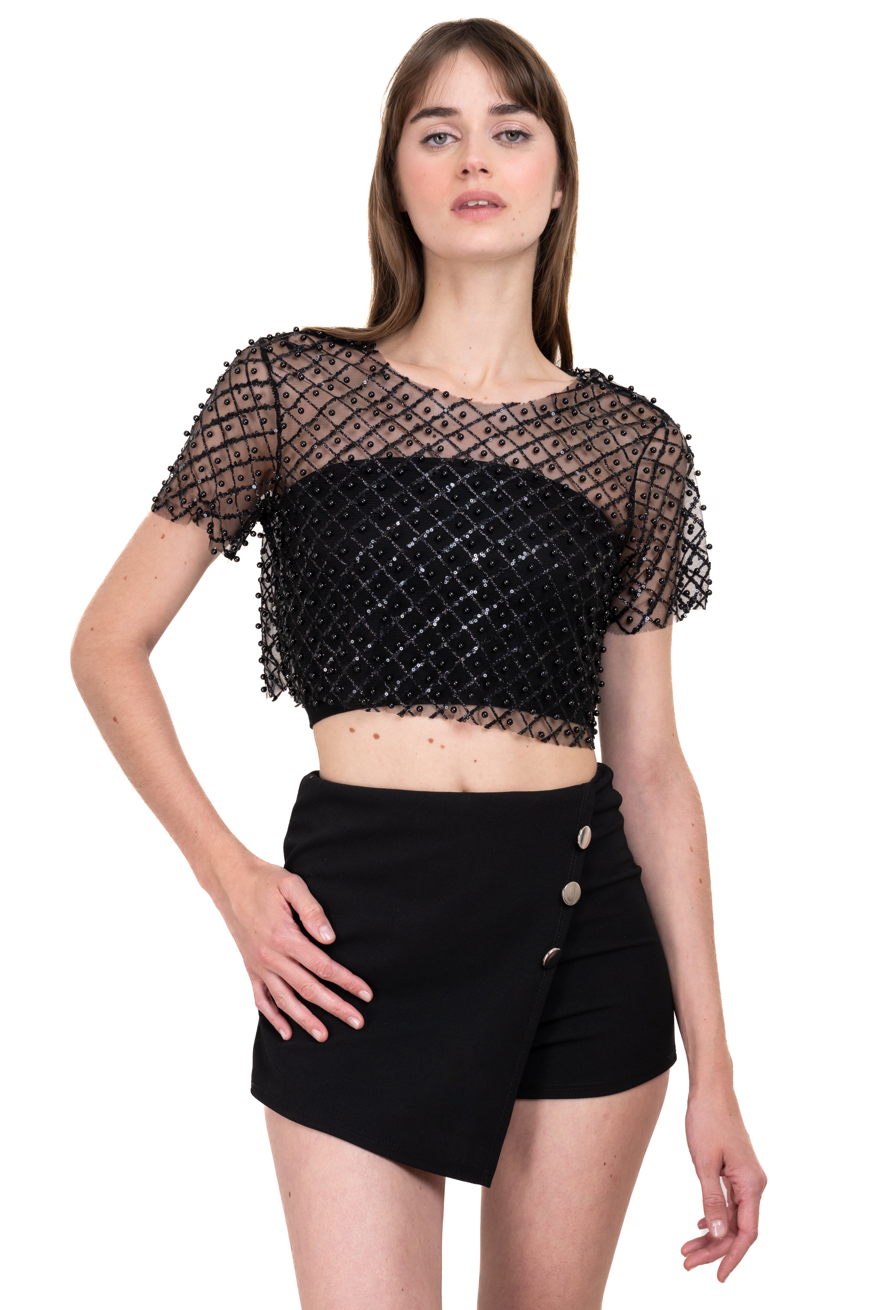 Top mesh lentejuelas perlas NEGRO