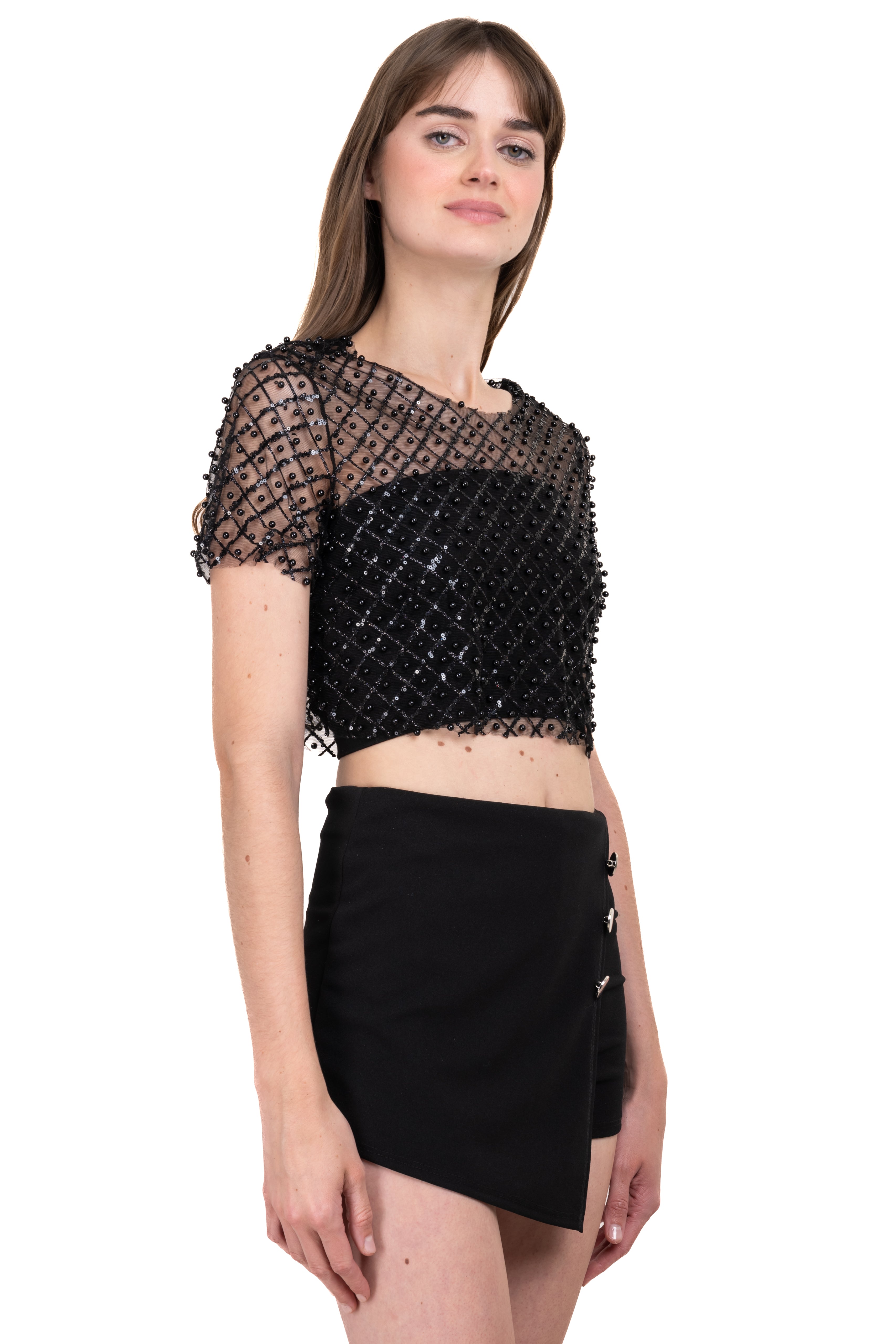 Top mesh lentejuelas perlas NEGRO
