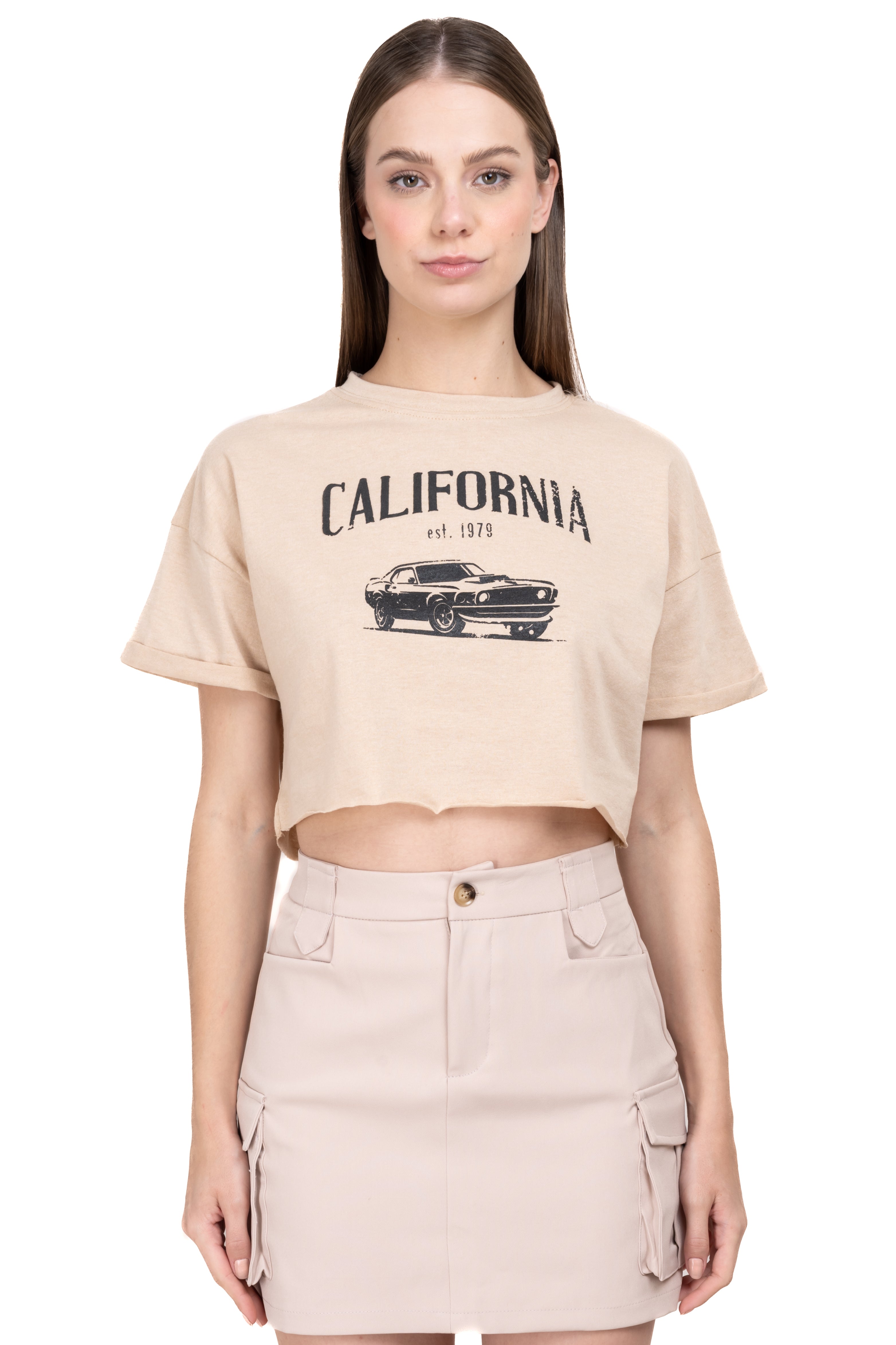 Playera crop boxy California BEIGE