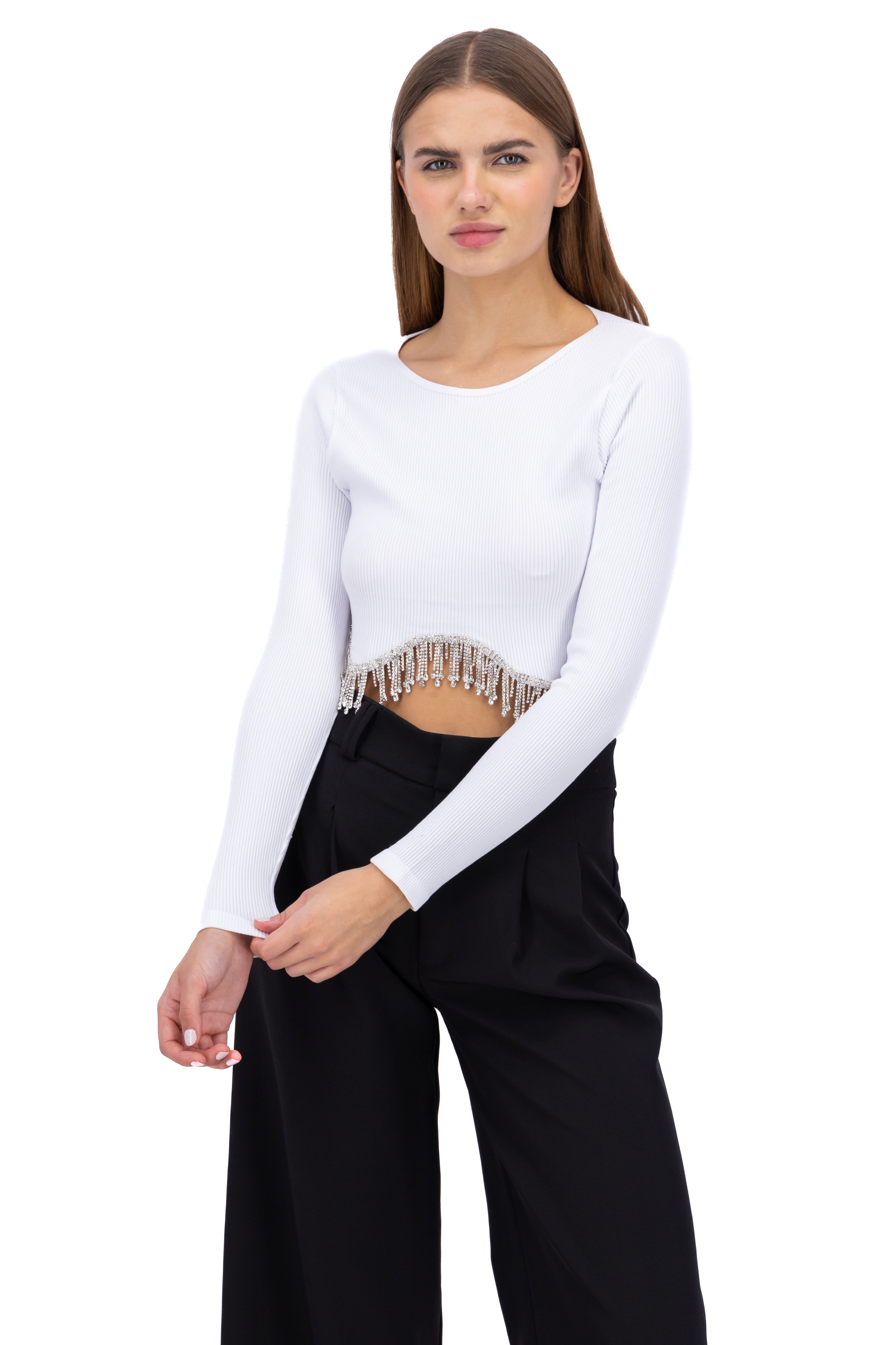 Top Manga Larga Brillos BLANCO