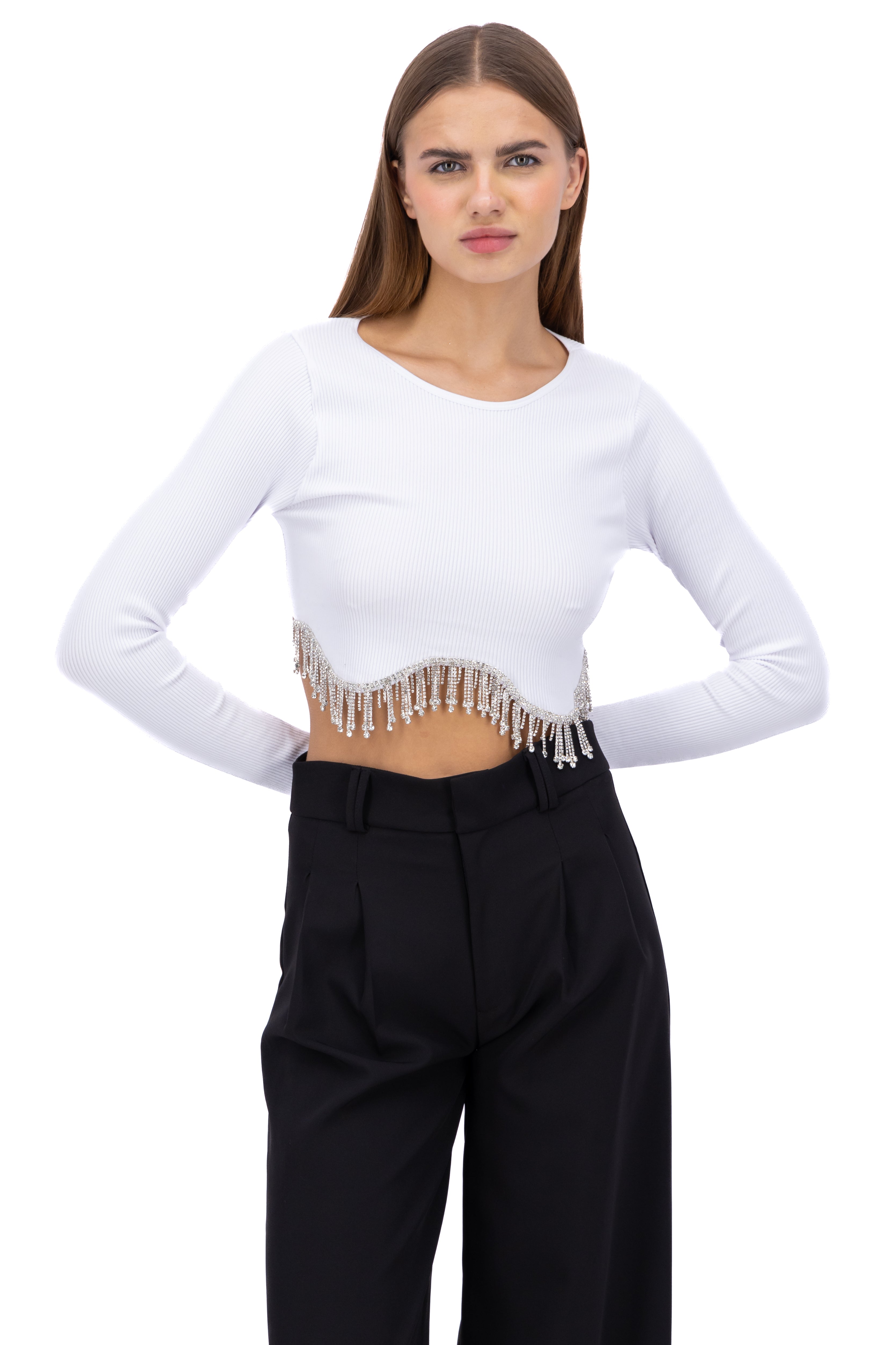 Top Manga Larga Brillos BLANCO