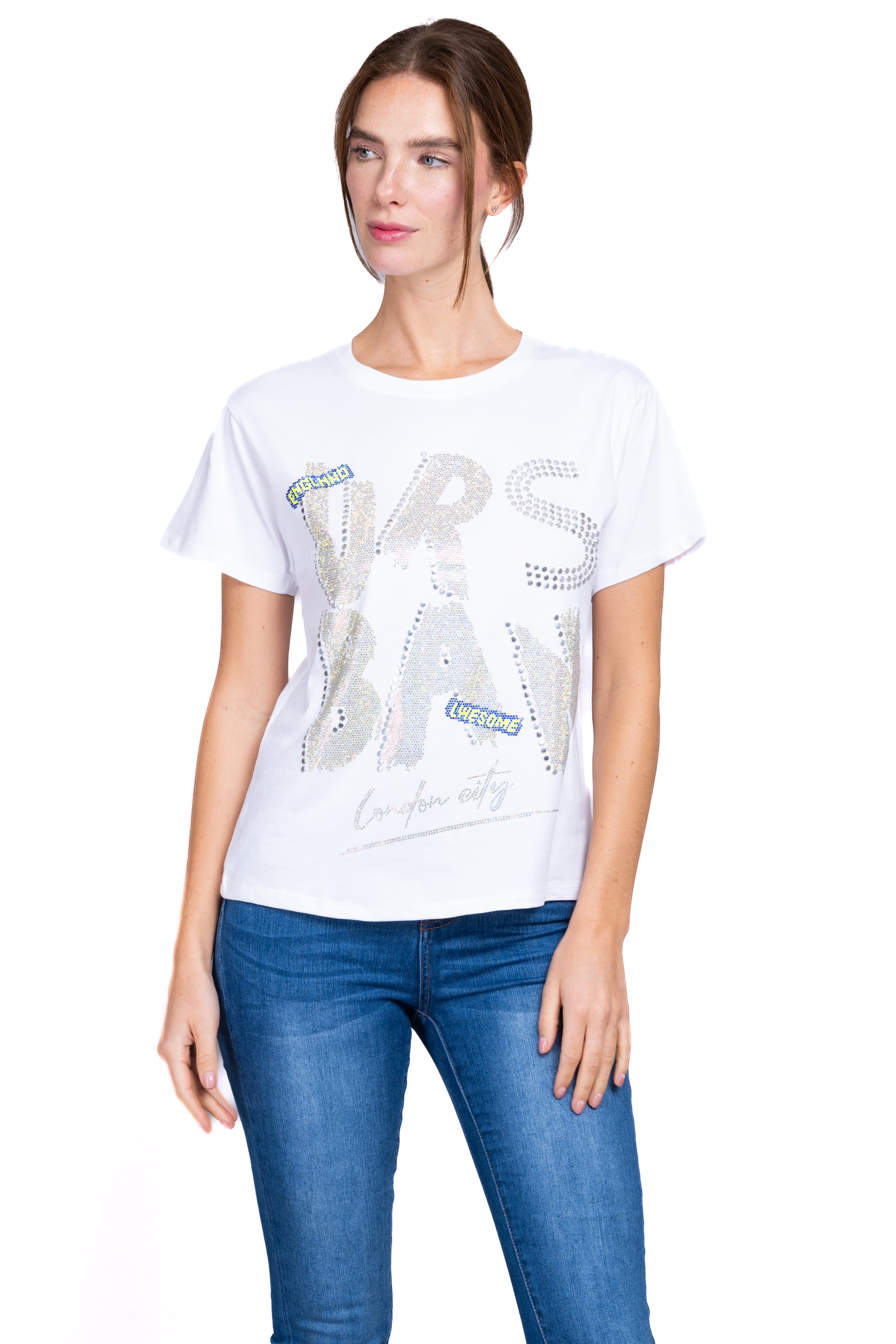 Playera frase brillos BLANCO