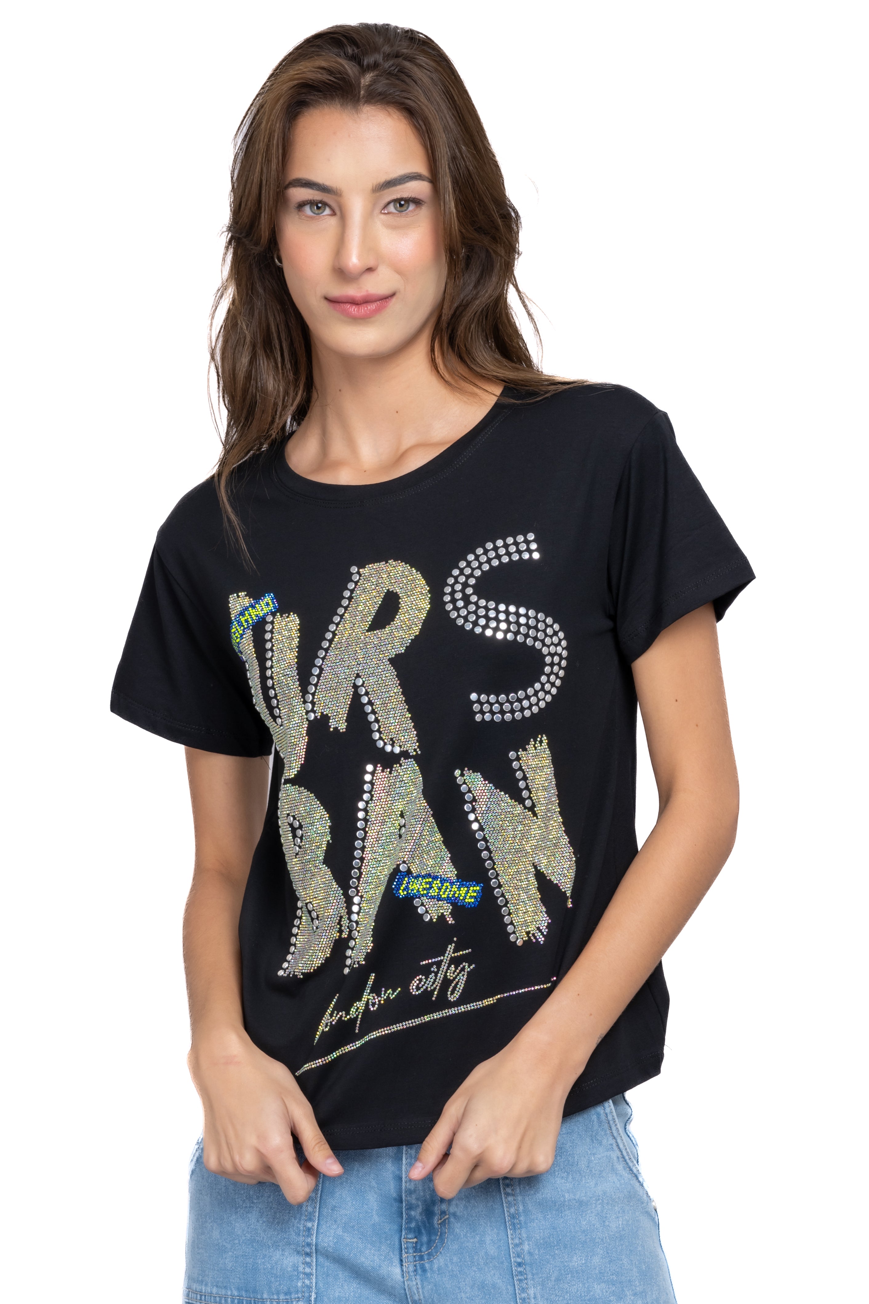 Playera frase brillos NEGRO