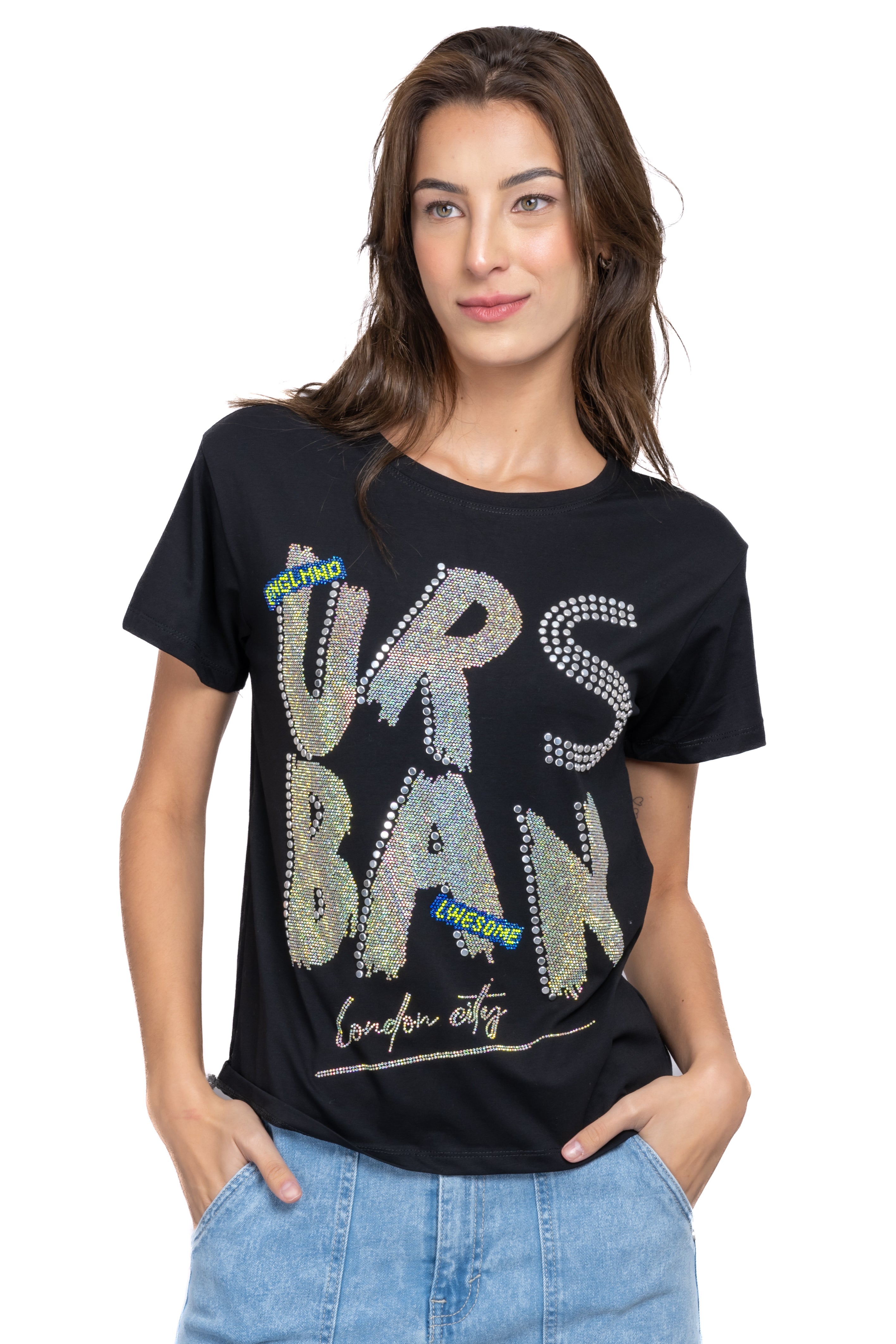 Playera frase brillos NEGRO