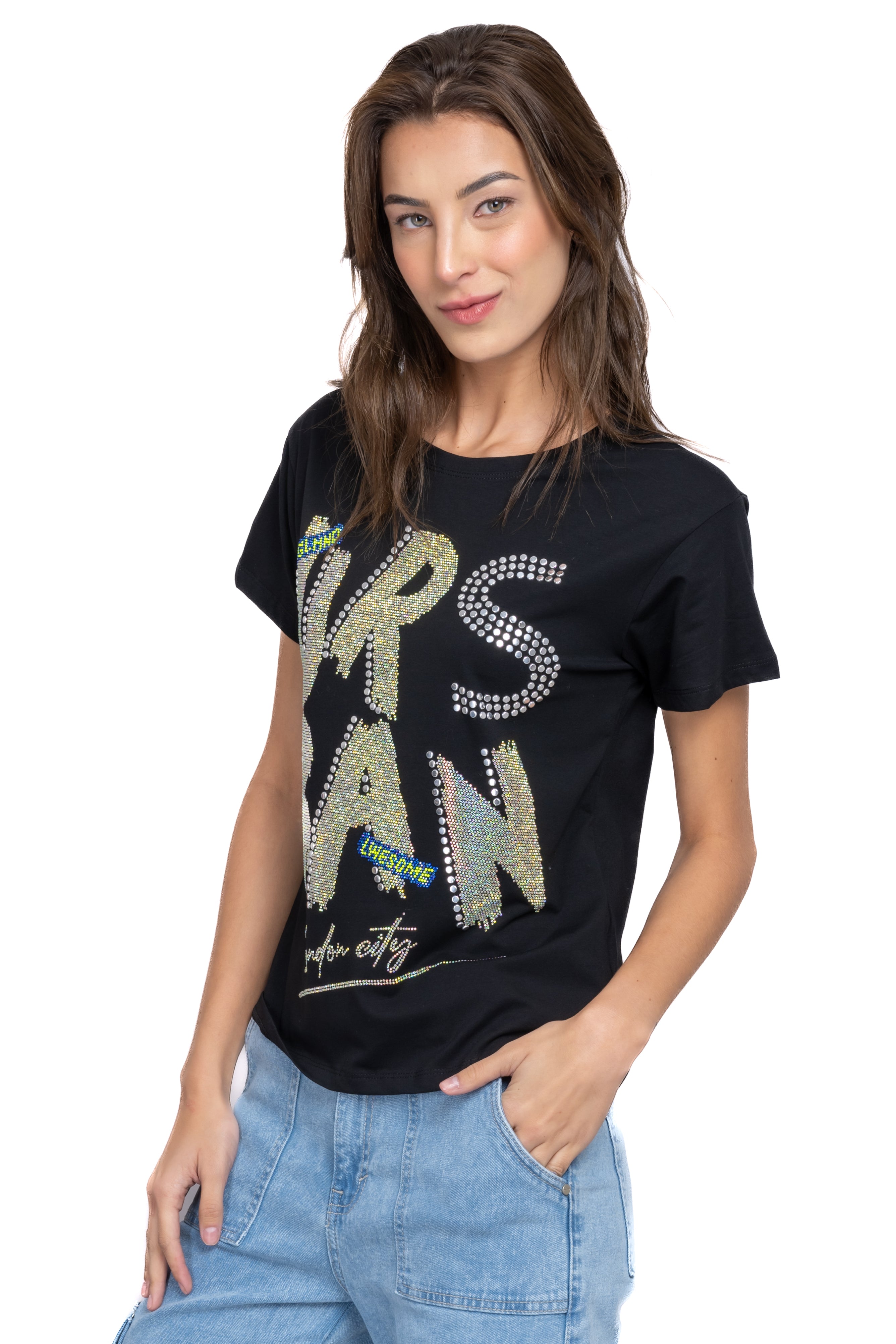 Playera frase brillos NEGRO