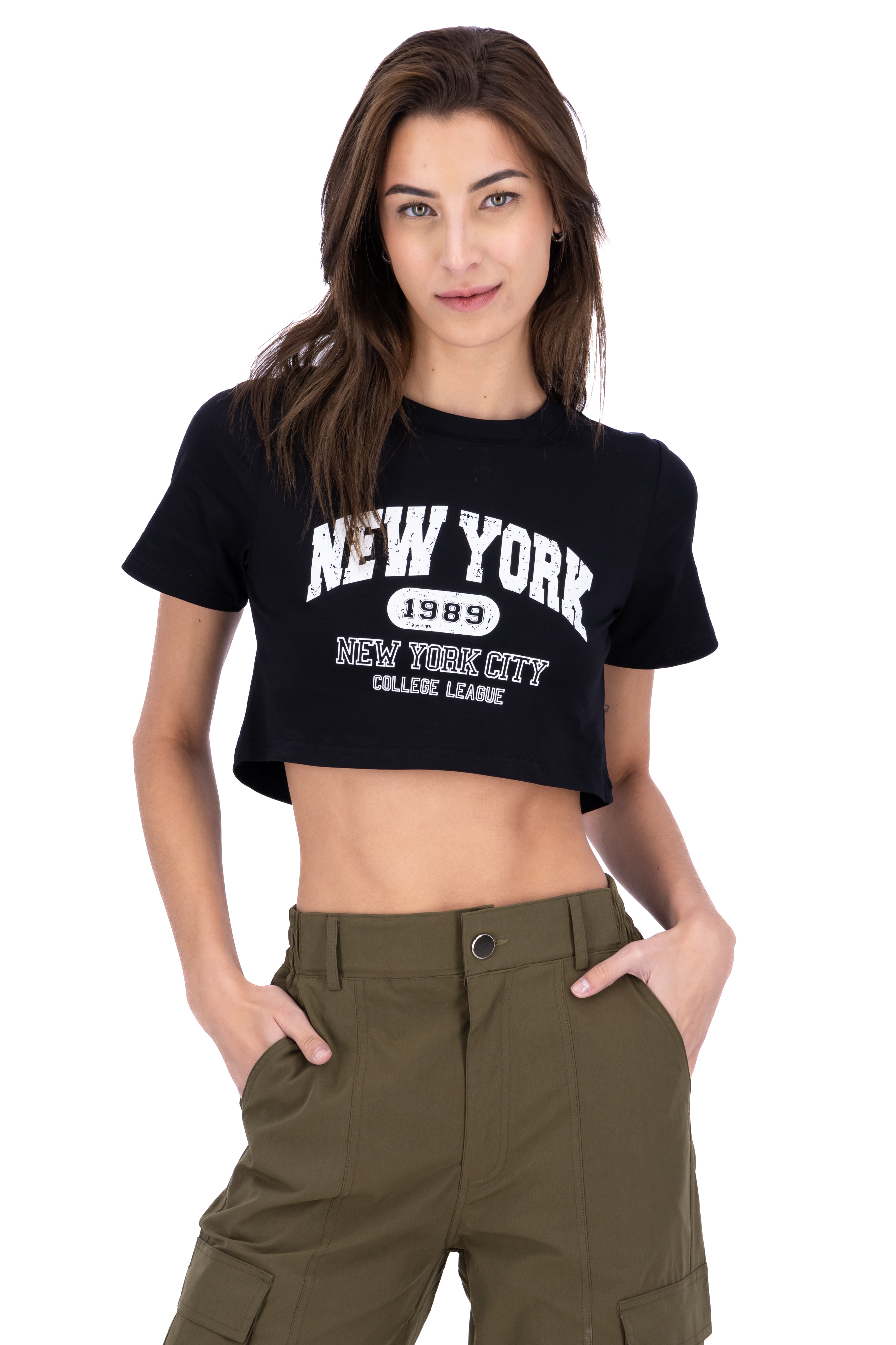 Playera crop estampado New York NEGRO