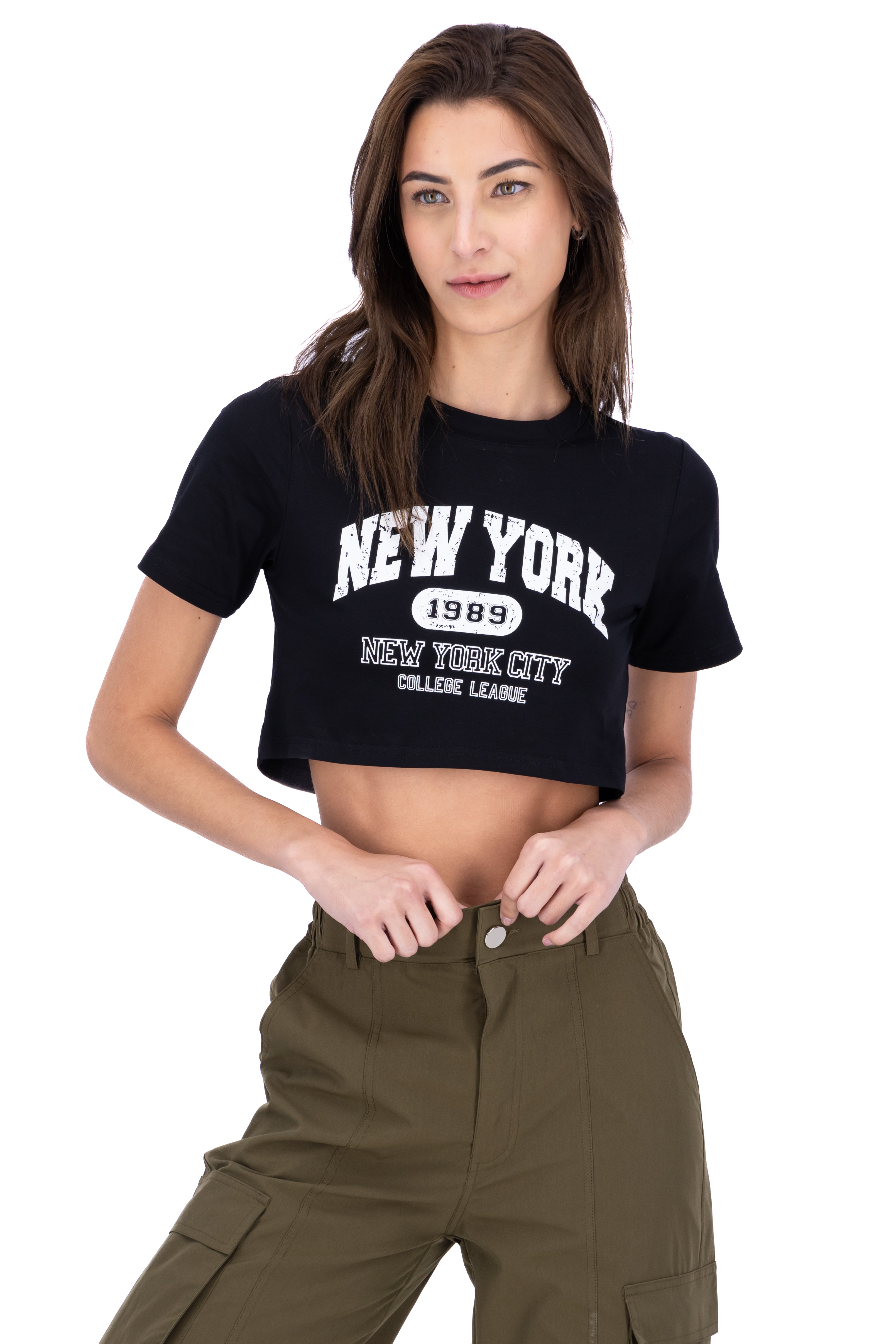 Playera crop estampado New York NEGRO