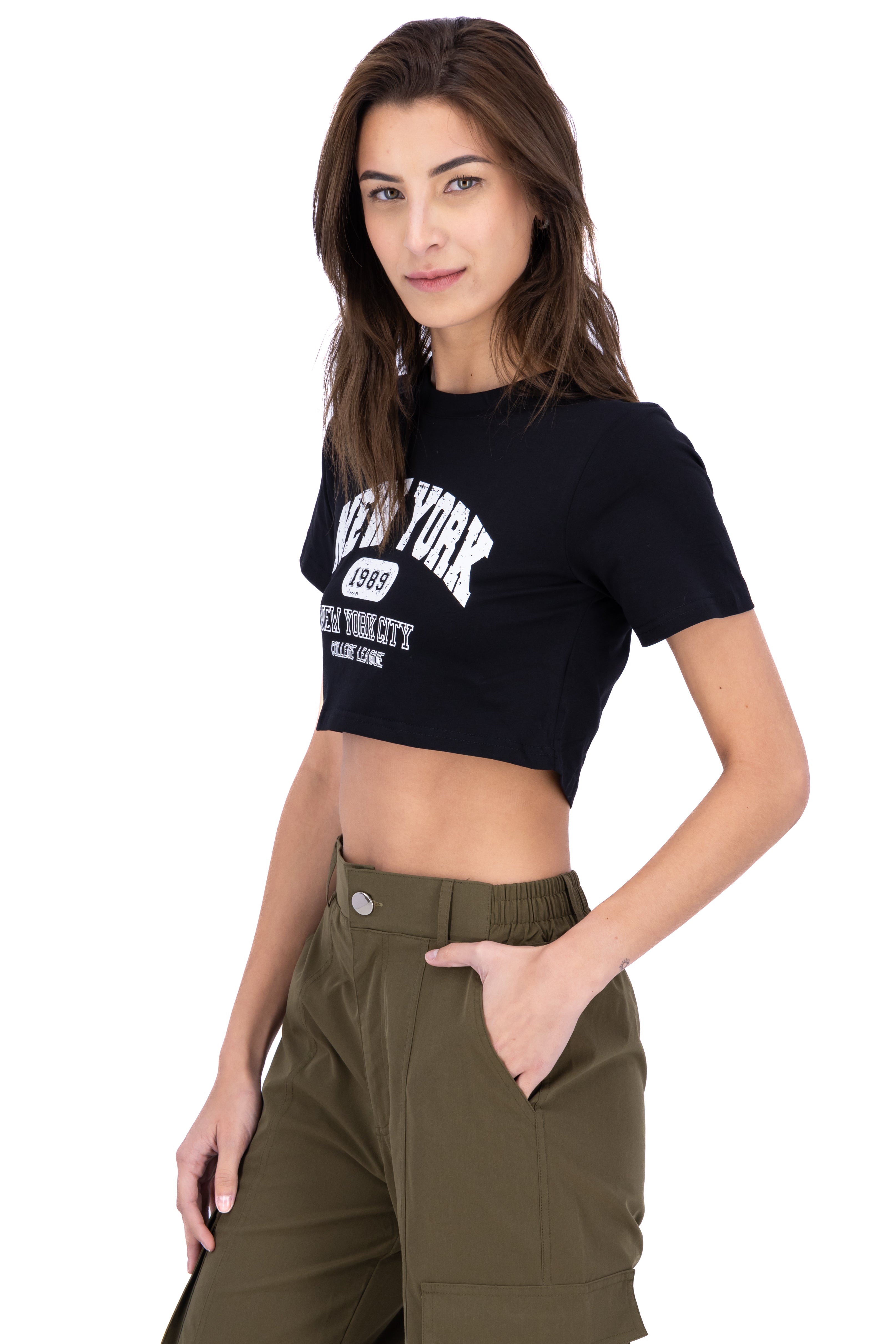 Playera crop estampado New York NEGRO