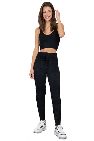 Pantalón liso textura peluche NEGRO