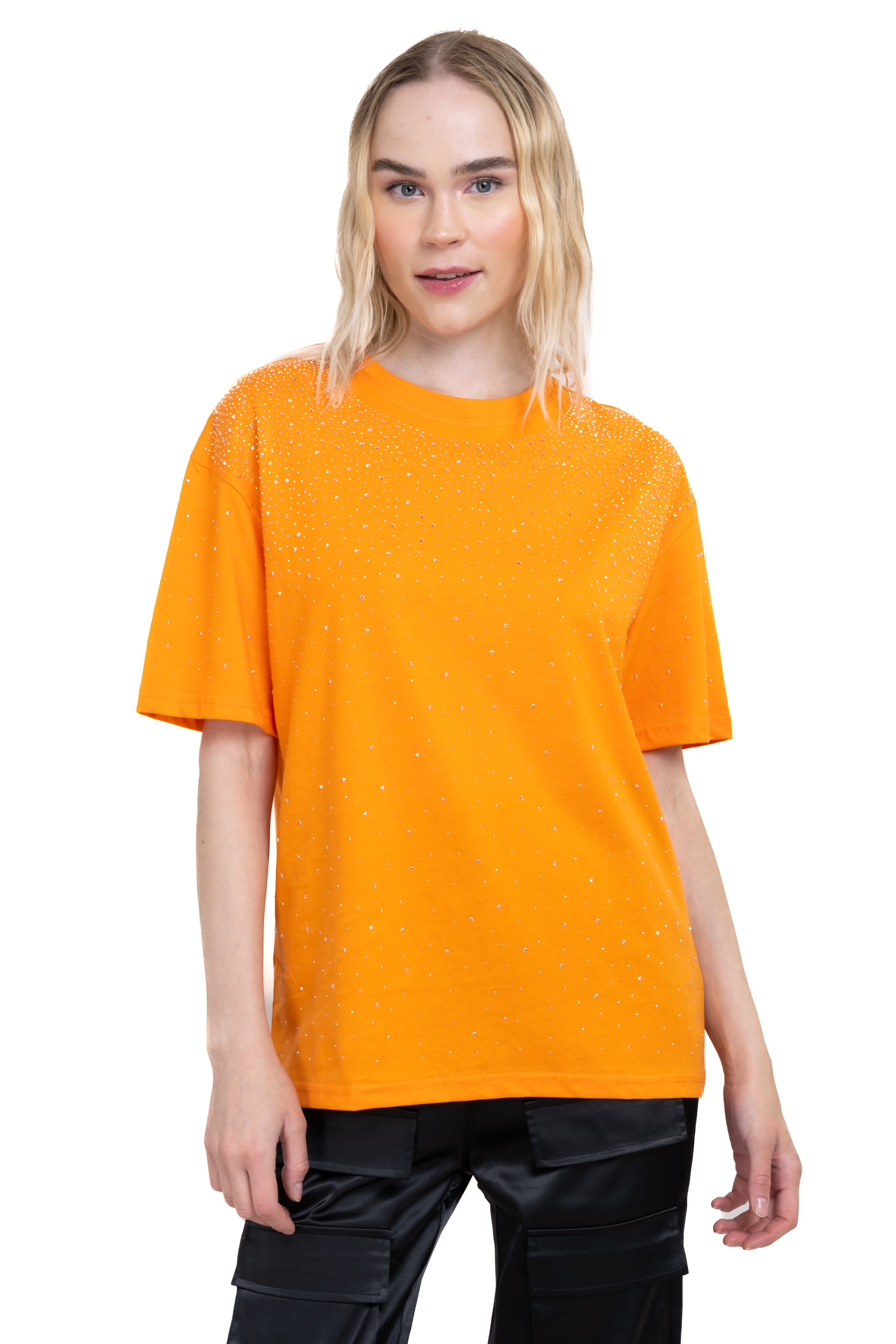 Playera cuello redondo brillos NARANJA