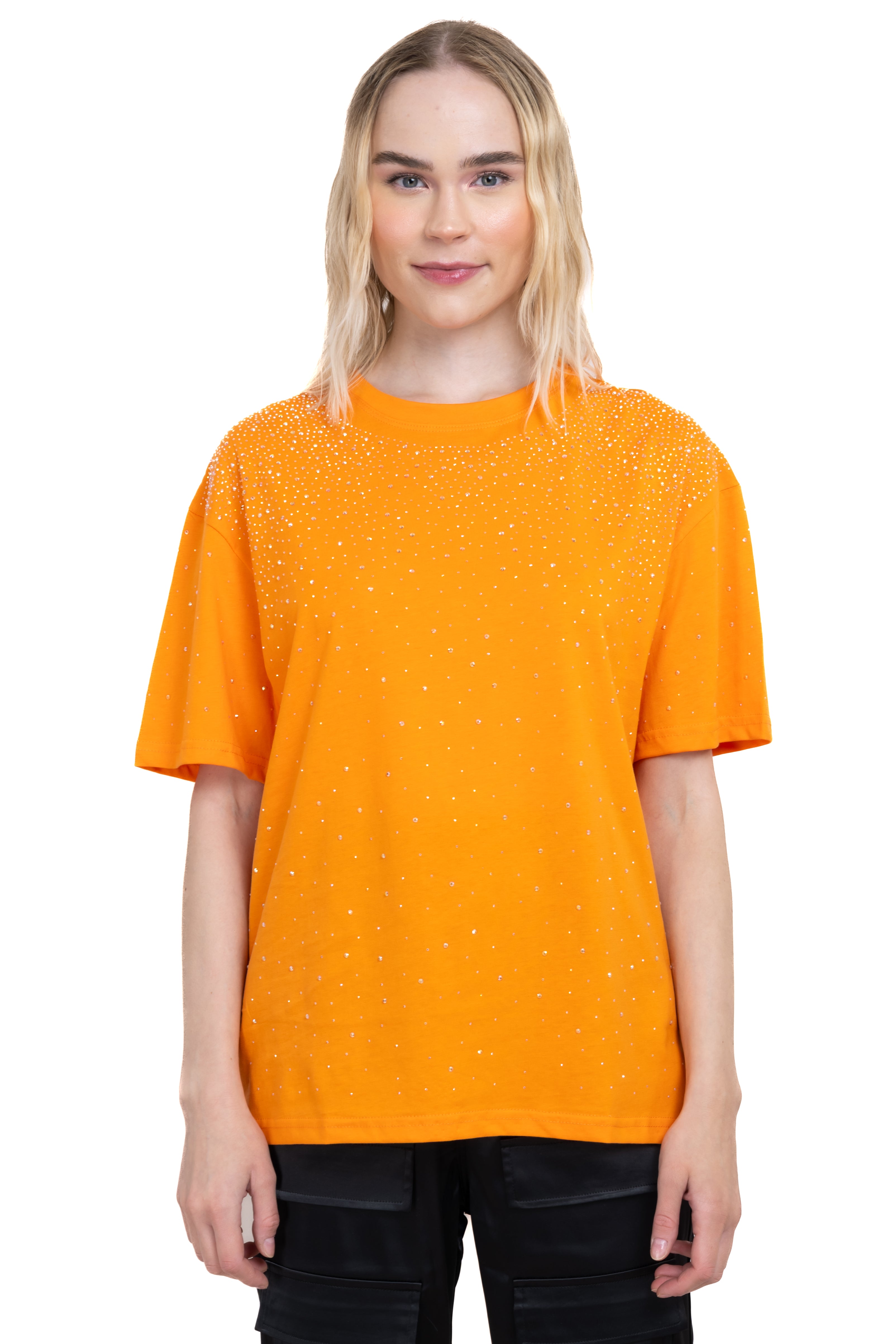 Playera cuello redondo brillos NARANJA