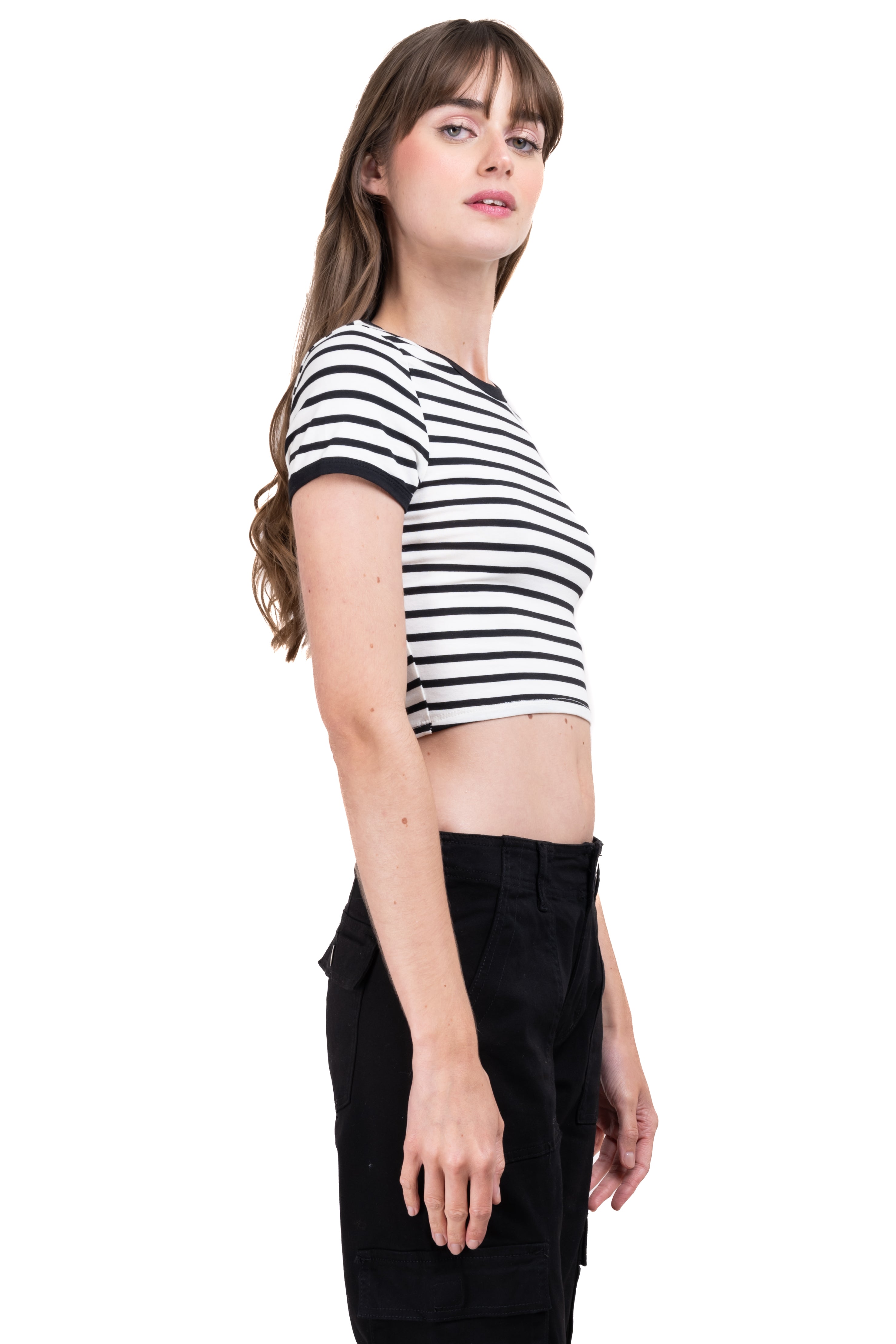 Playera crop líneas bicolor BLANCO COMBO