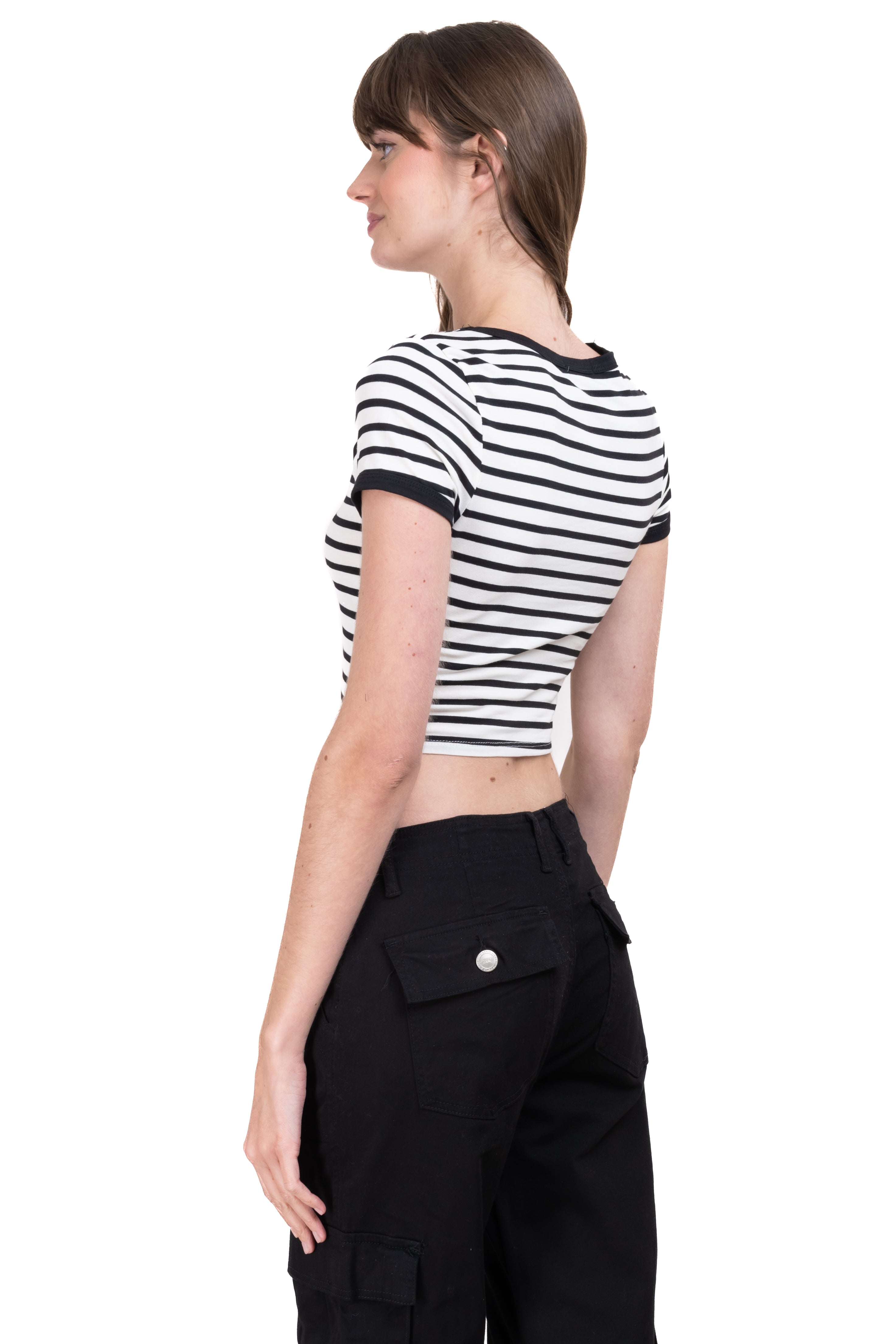 Playera crop líneas bicolor BLANCO COMBO