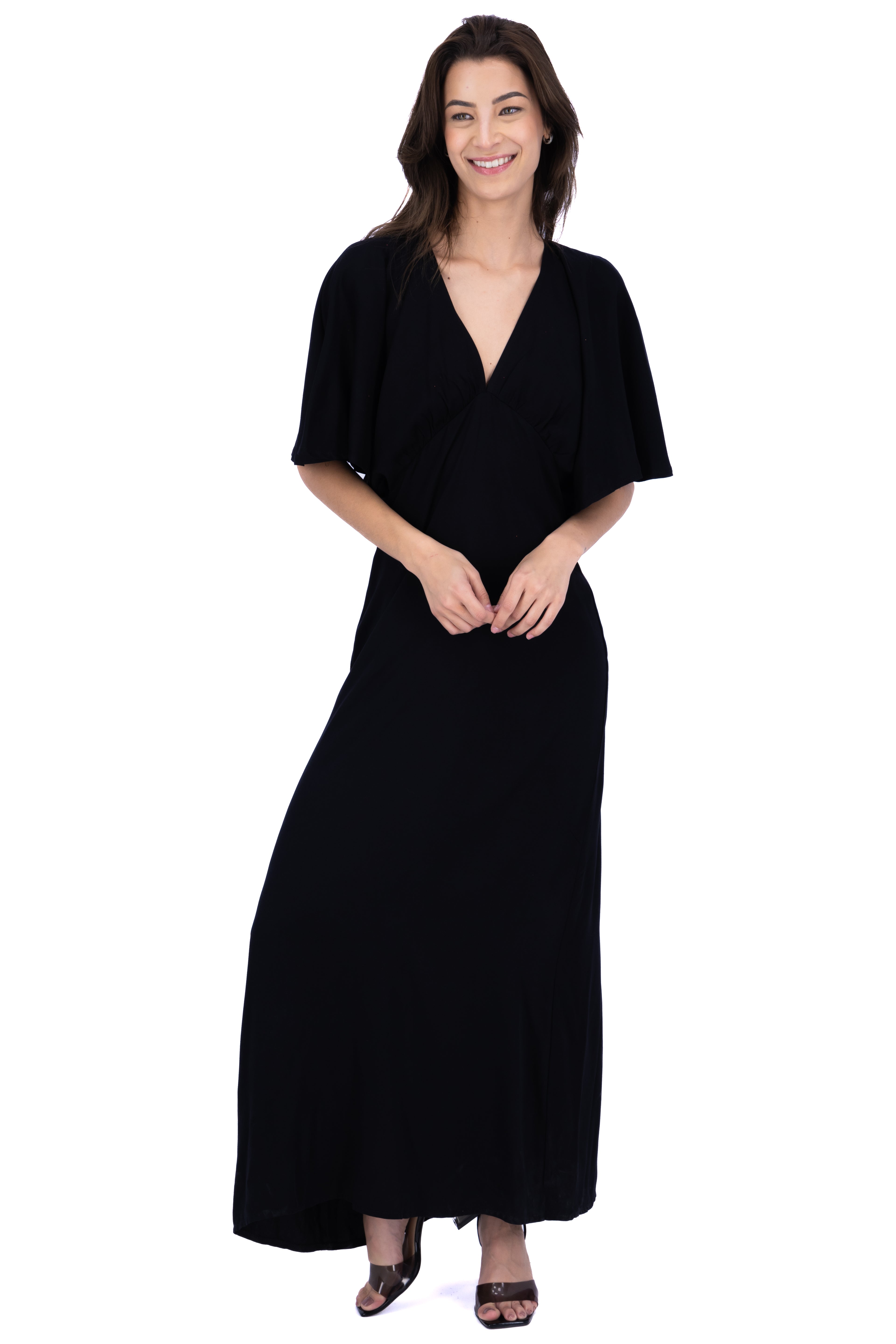 Vestido maxi liso escote v NEGRO