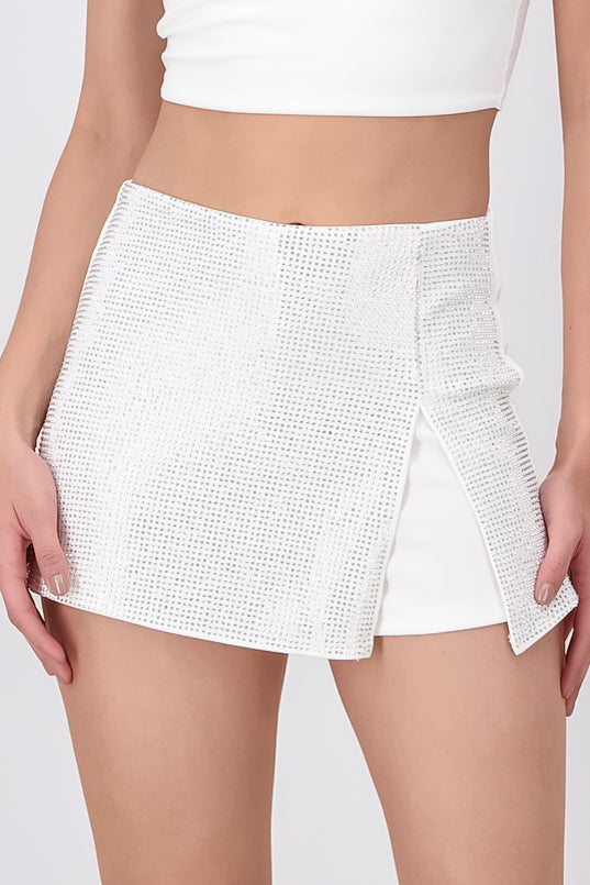 Falda Short Aplicaciones Brillos BLANCO