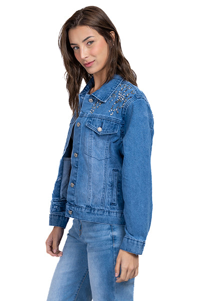 Chamarra denim aplicación brillos MEDIUM WASH