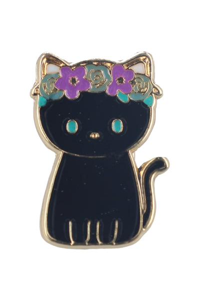 Pin Gatito Corona Flores Hippie NEGRO