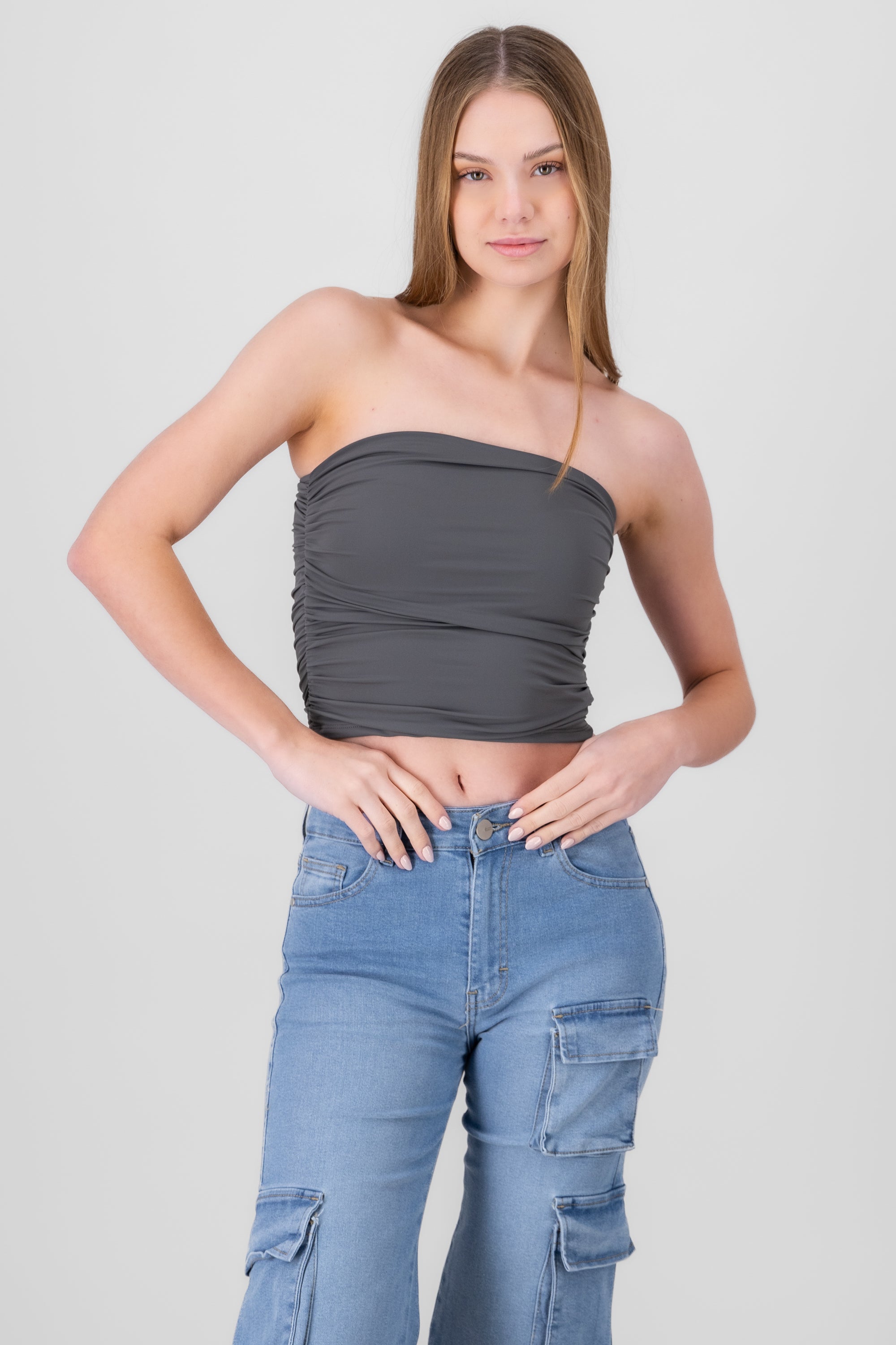 Top Tubo Strapless Drapeado GRIS OBSCURO