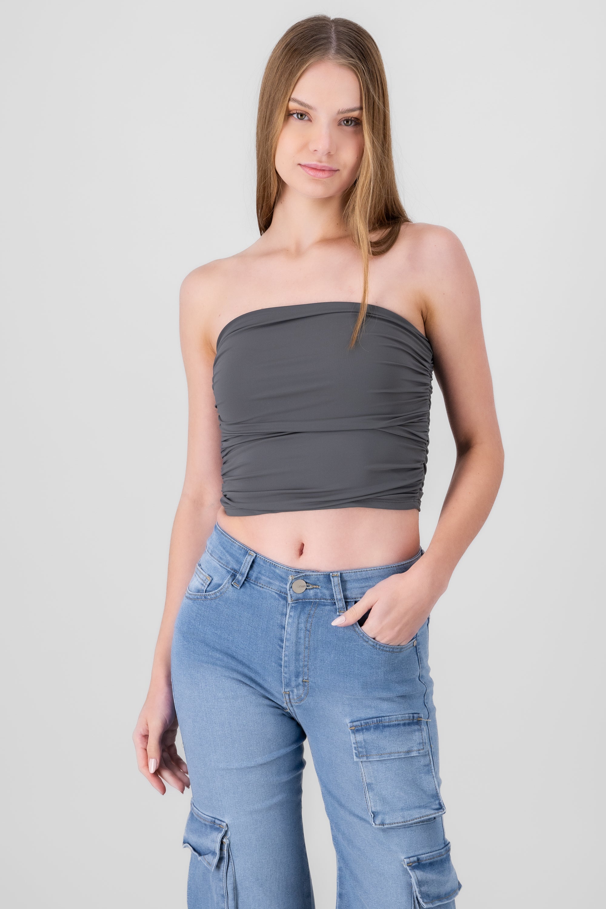 Top Tubo Strapless Drapeado GRIS OBSCURO