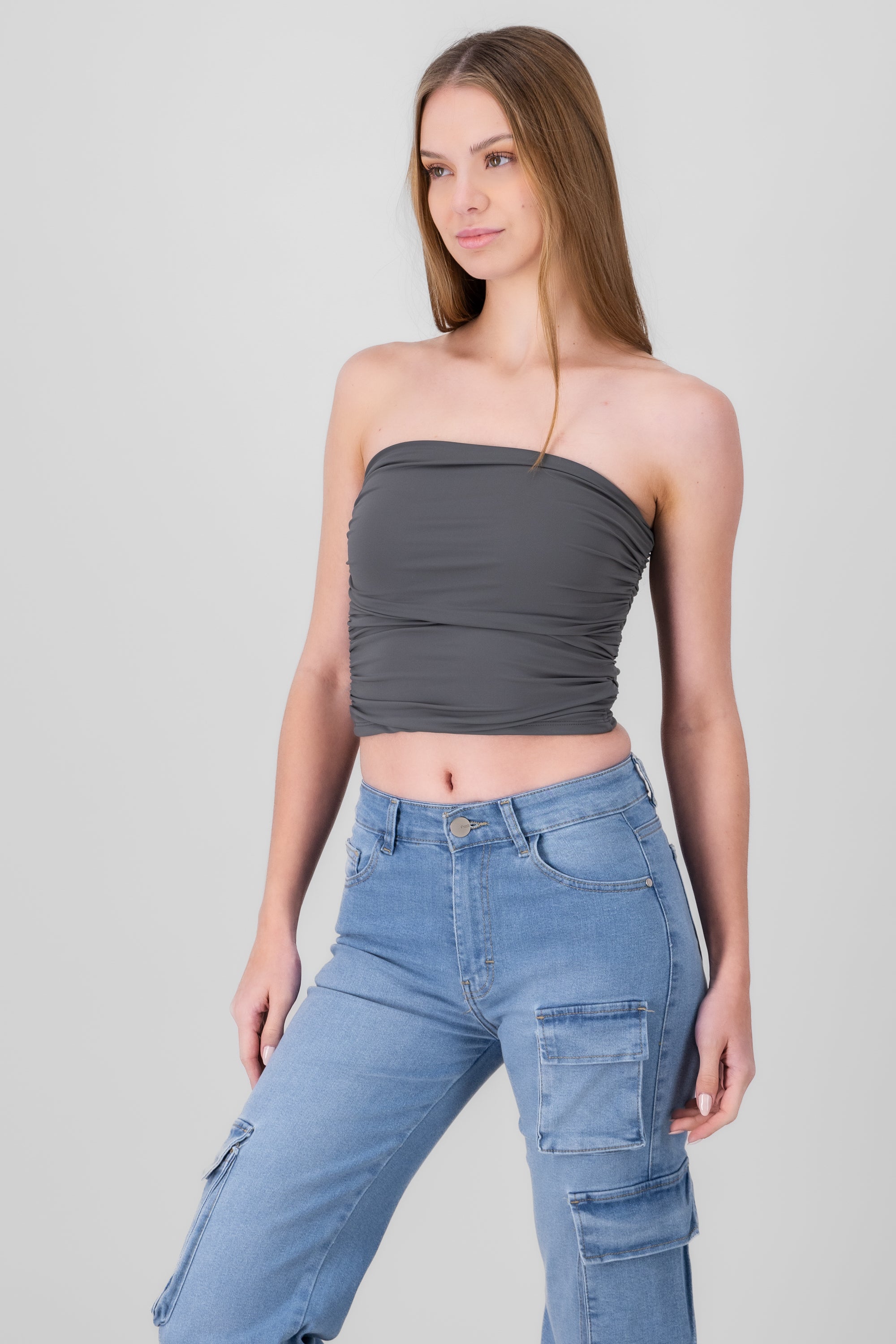 Top Tubo Strapless Drapeado GRIS OBSCURO