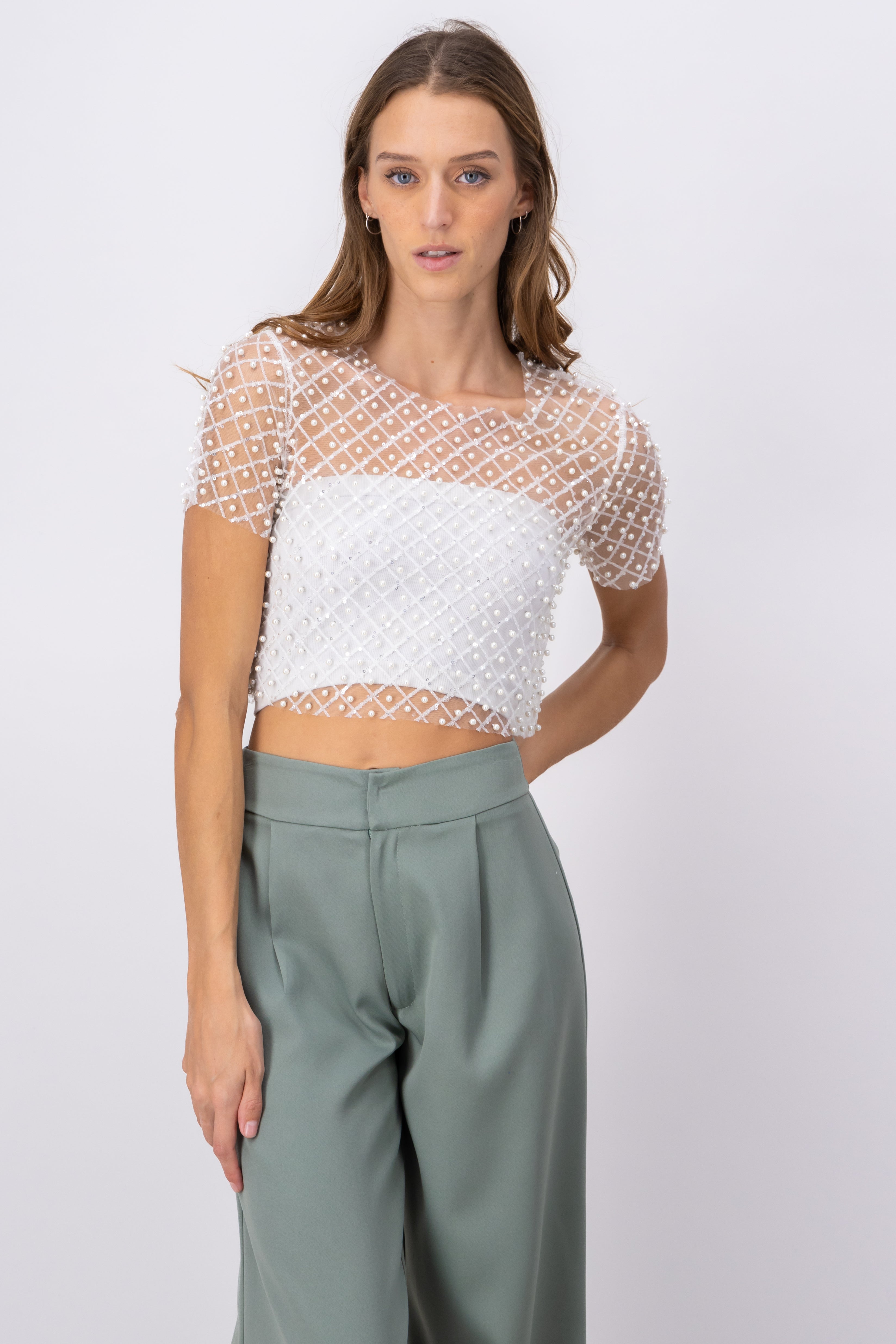 Top mesh manga corta lentejuelas BLANCO