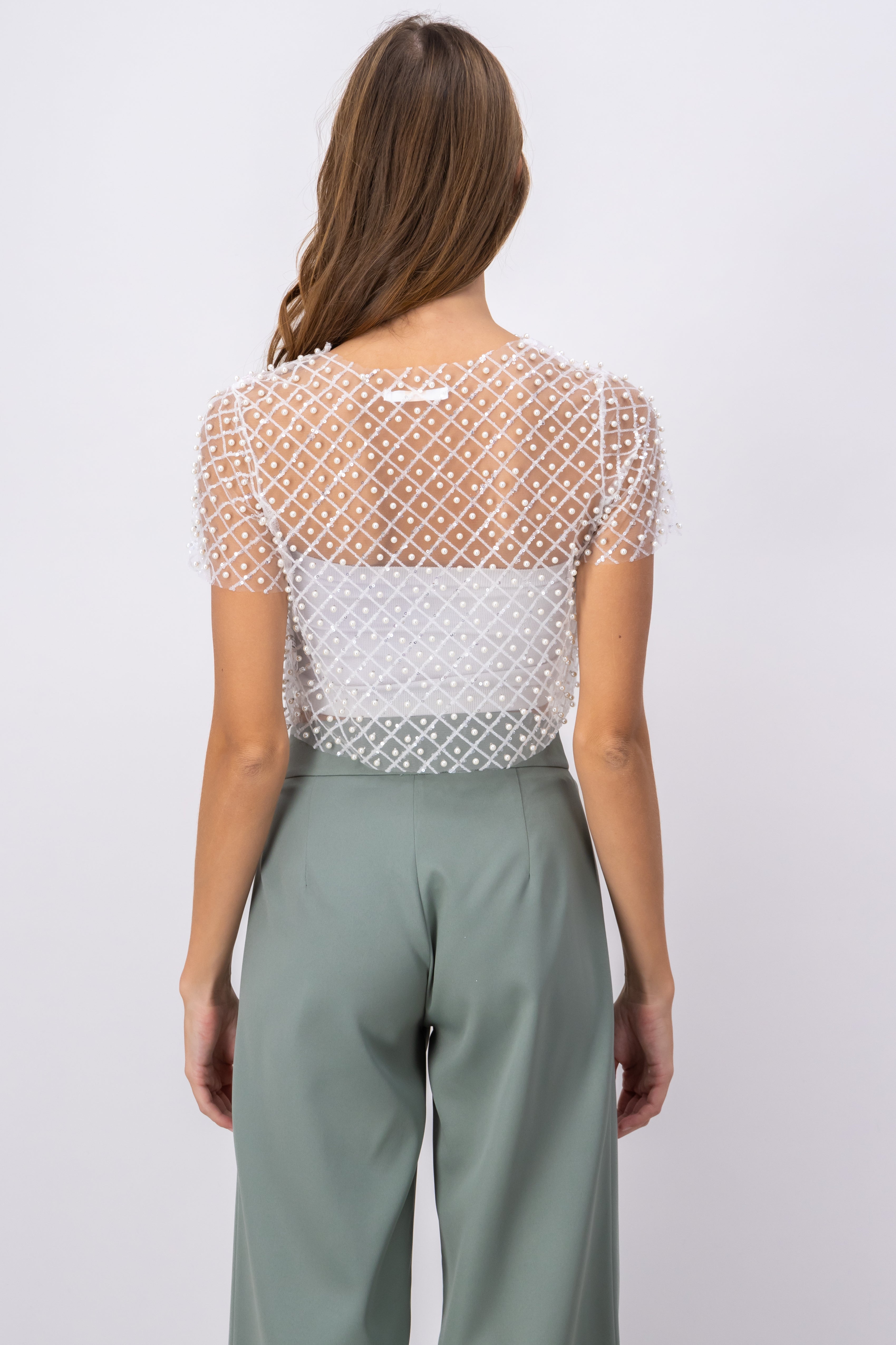 Top mesh manga corta lentejuelas BLANCO