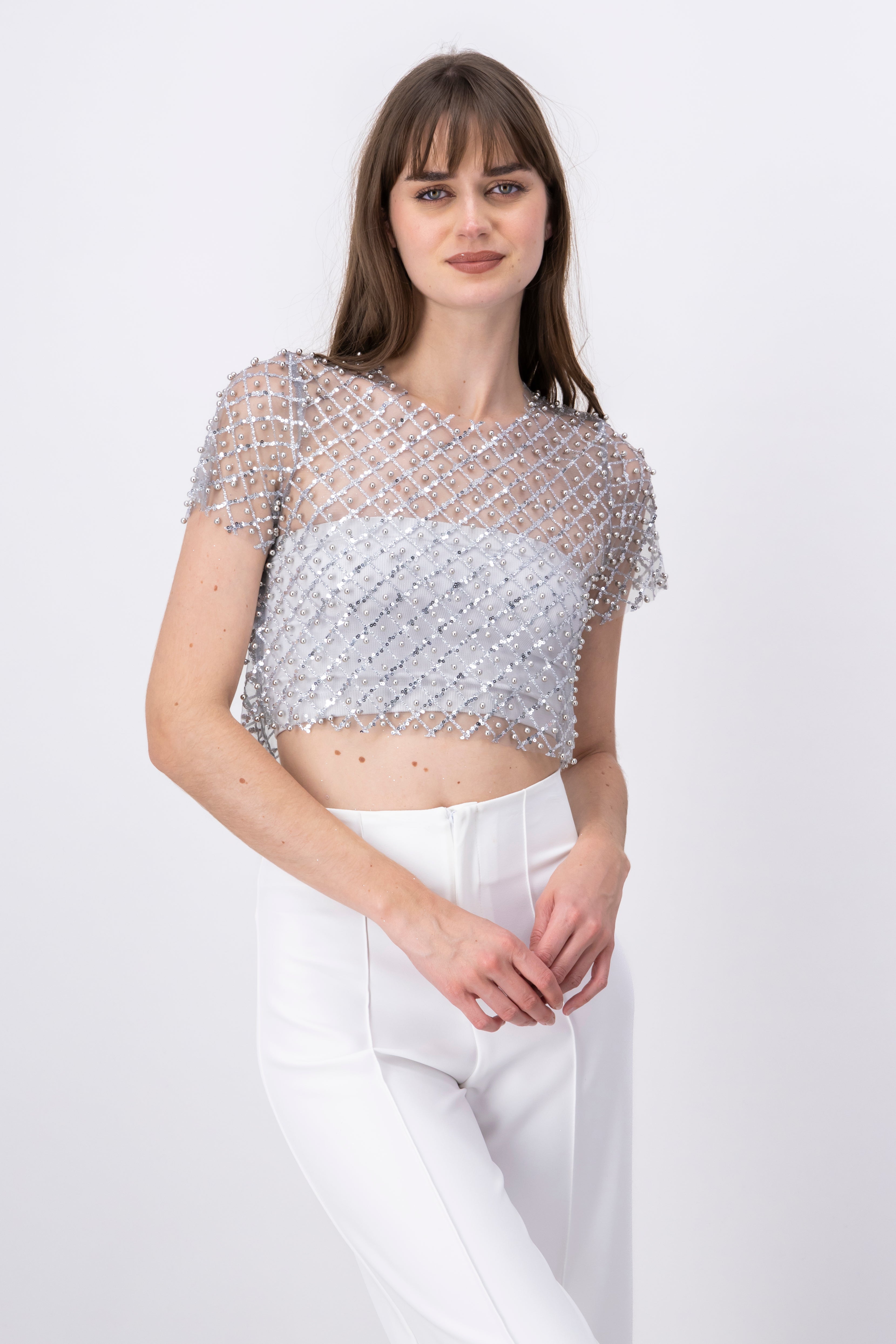 Top mesh manga corta lentejuelas PLATA