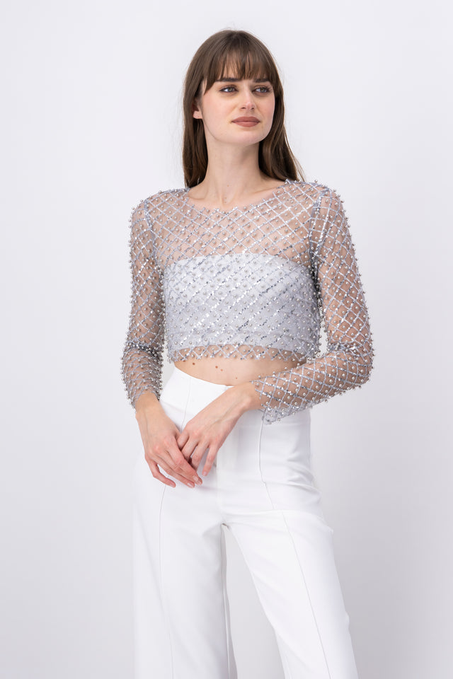 Top crop mesh perlas lentejuelas