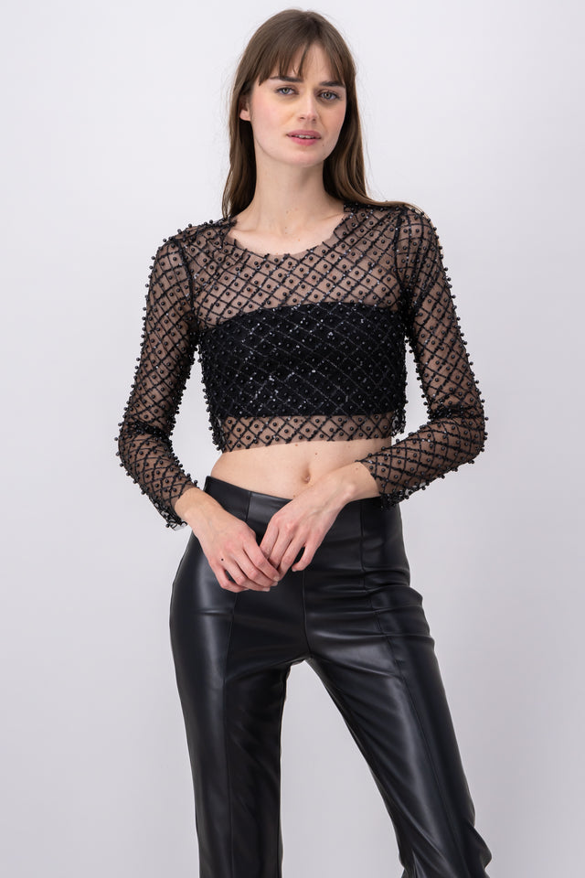 Top crop mesh perlas lentejuelas