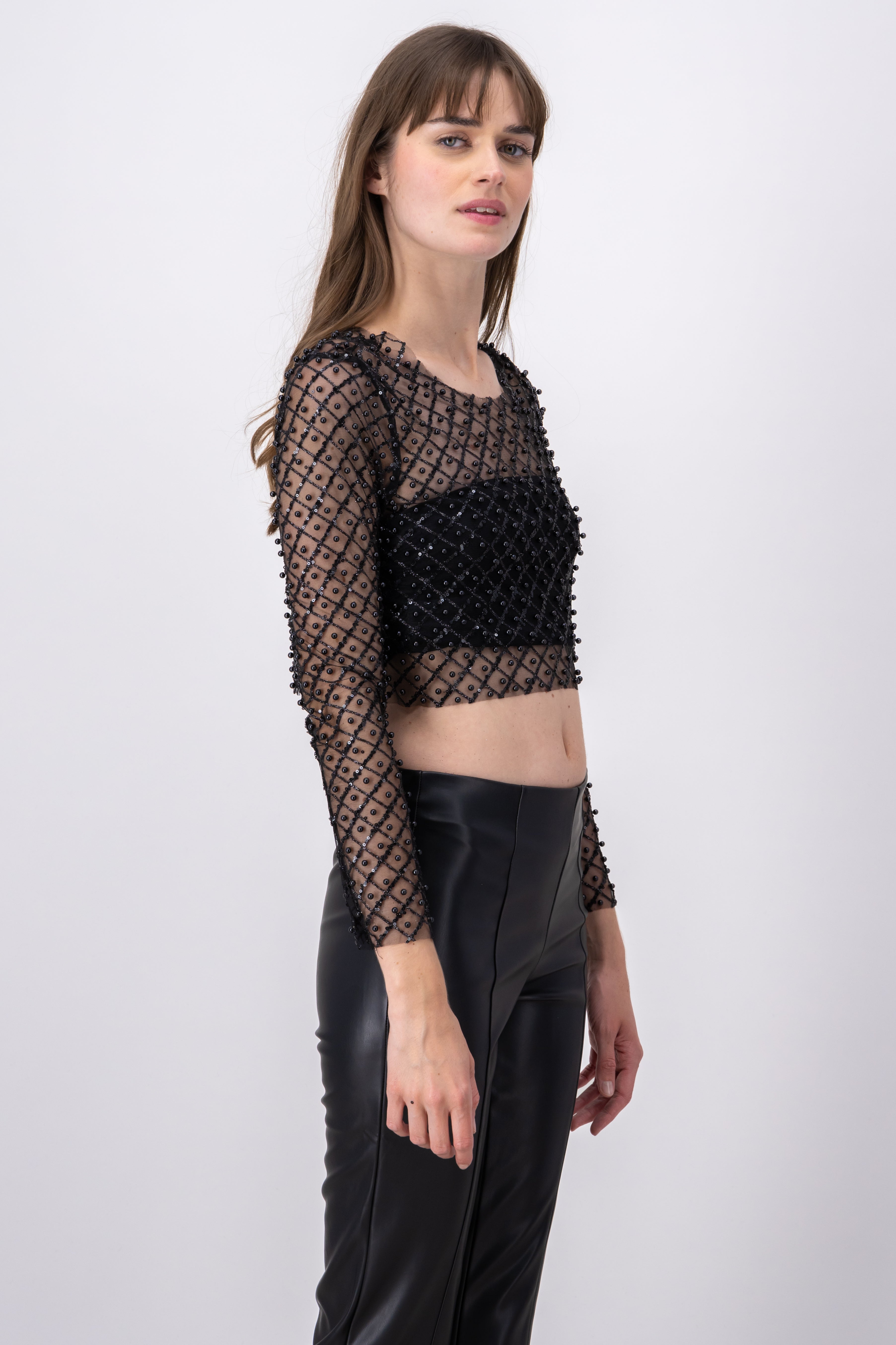 Top crop mesh perlas lentejuelas